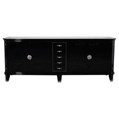 French 1930s Art Deco Sideboard in Black Lacquer with Drawers and Nickeled Stars