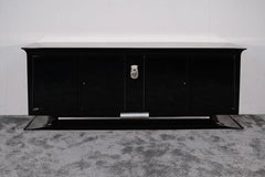 French 1930s Art Deco Sideboard in Black Lacquer with Nickeled Emblem