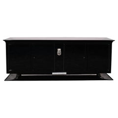 French 1930s Art Deco Sideboard in Black Lacquer with Nickeled Emblem