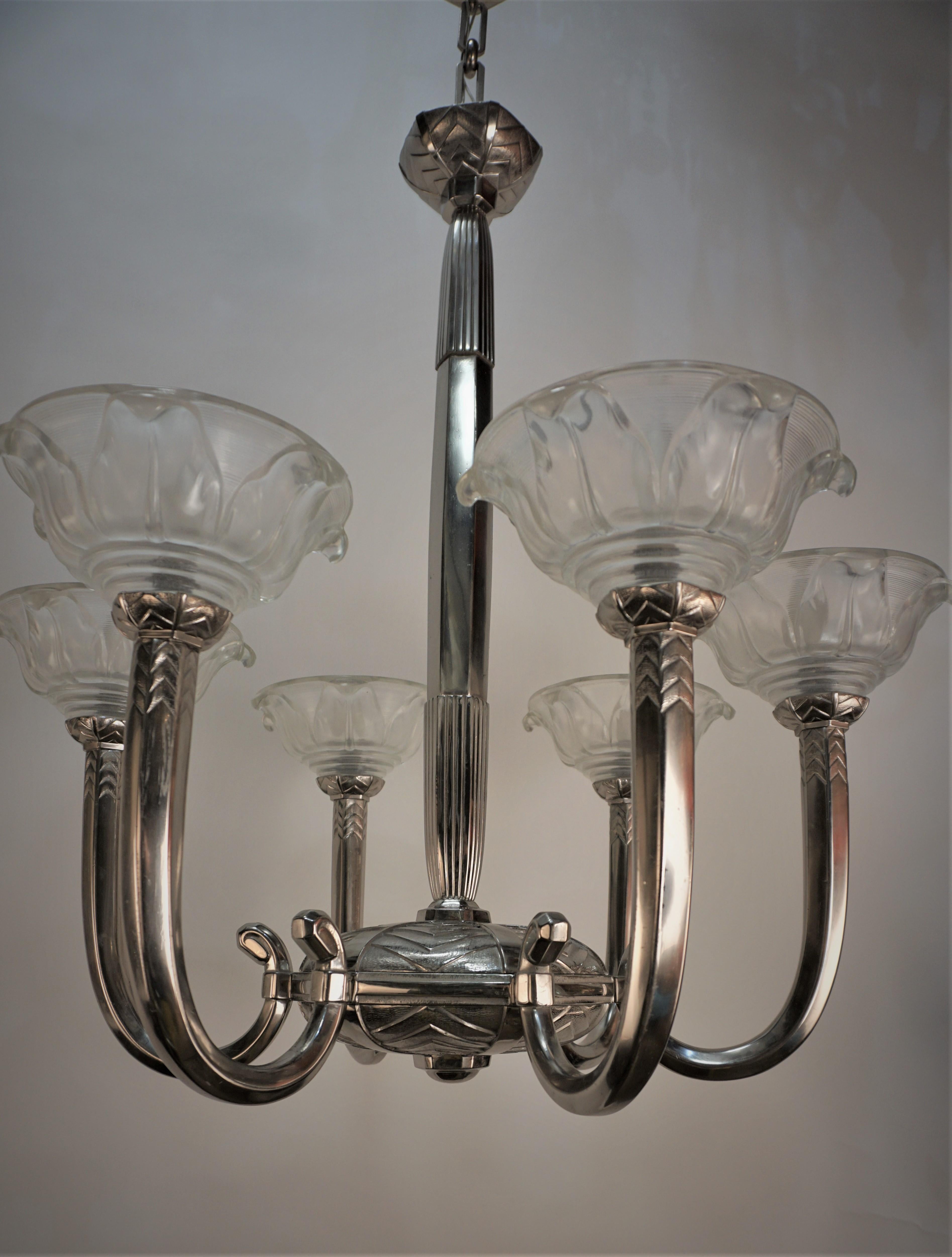 French 1930s Art Deco Sis Arm Chandelier For Sale 6