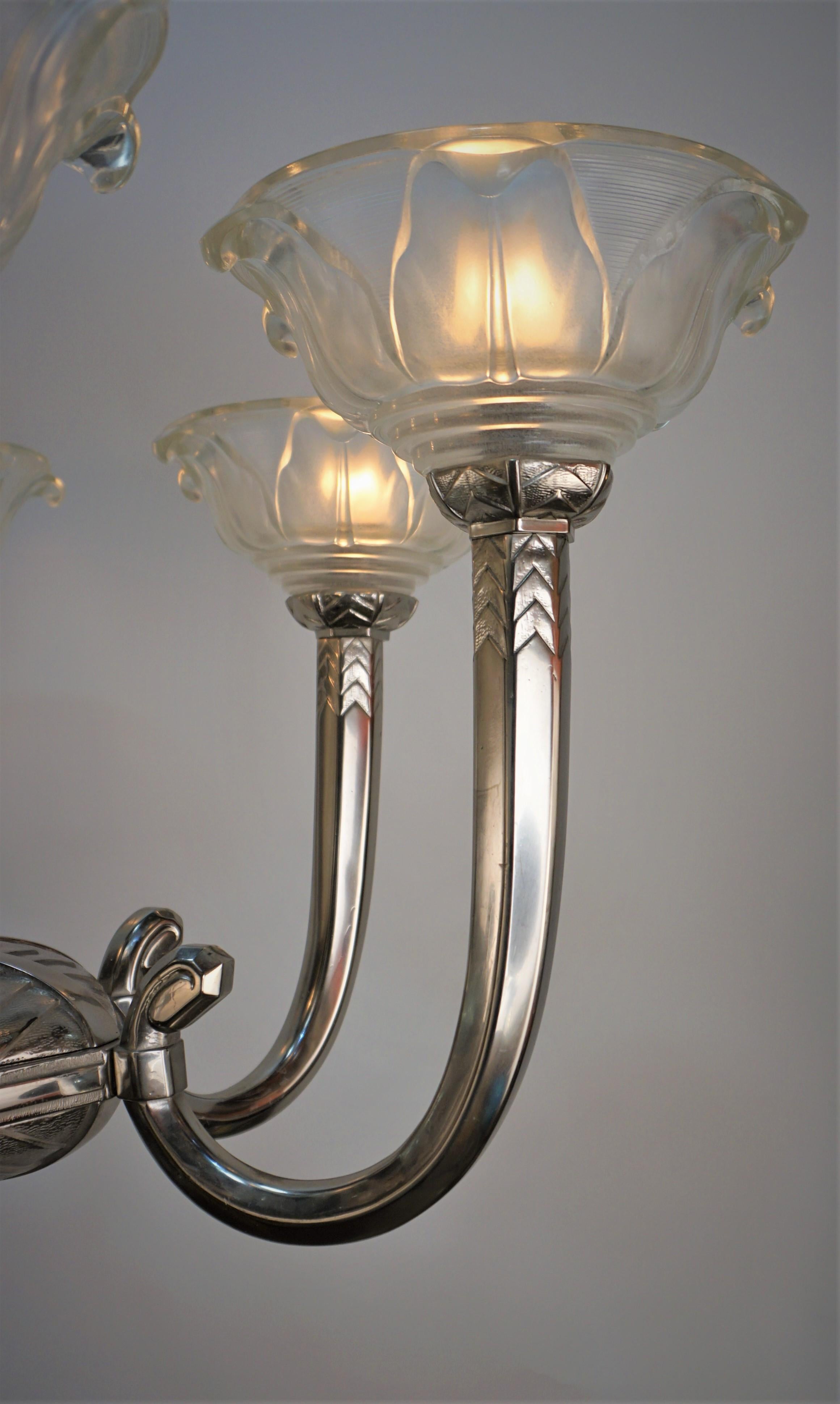Mid-20th Century French 1930s Art Deco Sis Arm Chandelier For Sale