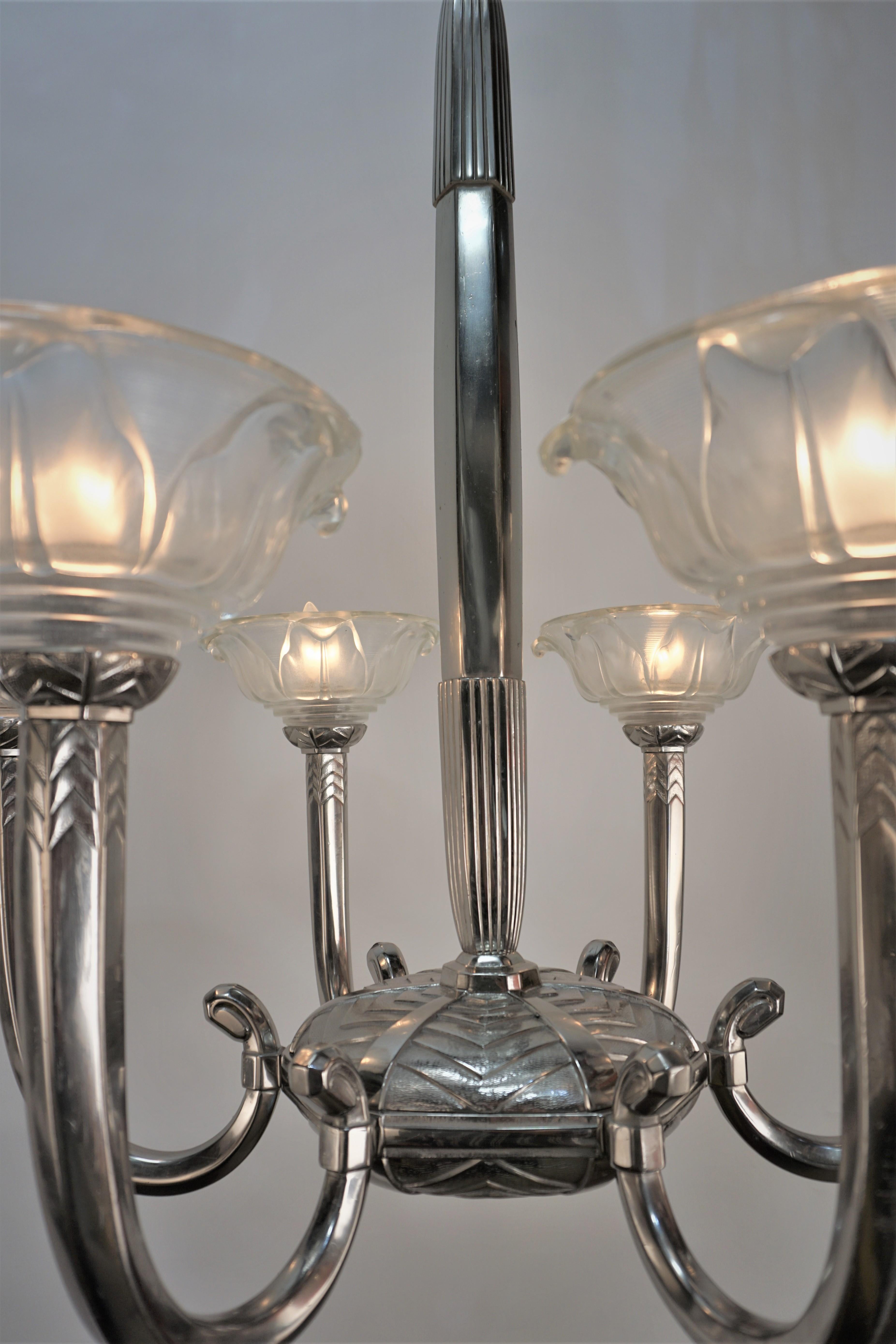 Glass French 1930s Art Deco Sis Arm Chandelier For Sale