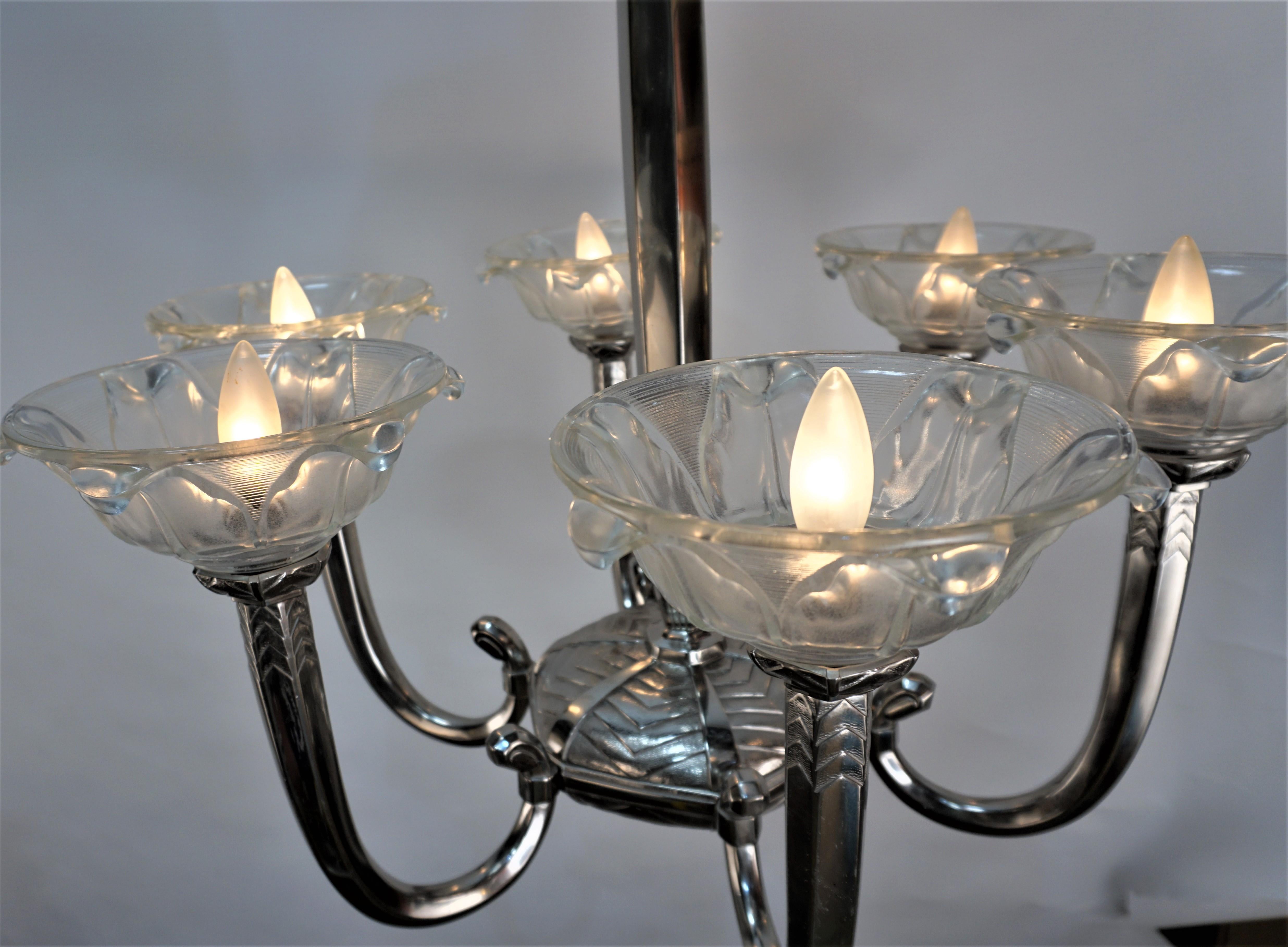 French 1930s Art Deco Sis Arm Chandelier For Sale 3