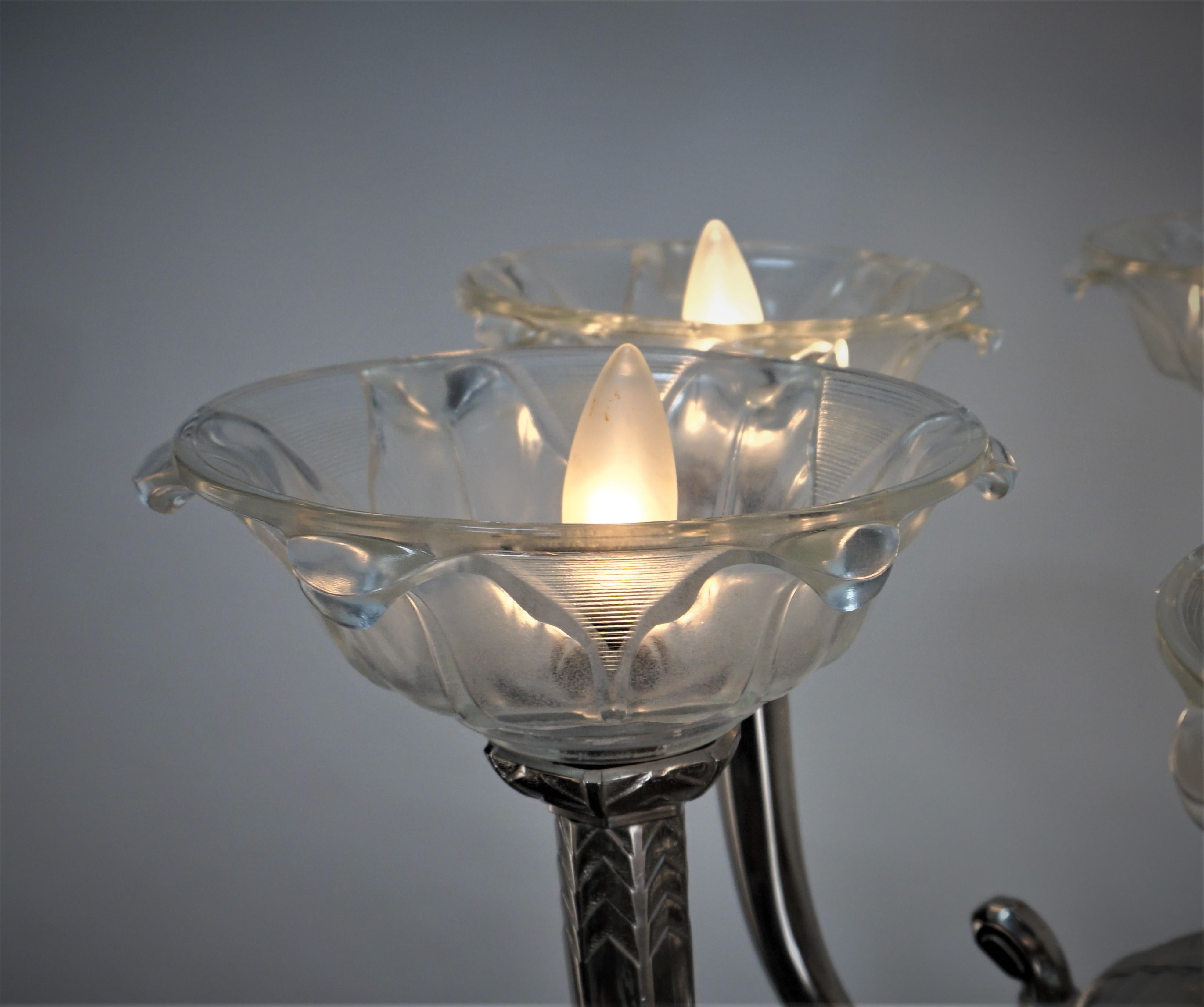 French 1930s Art Deco Sis Arm Chandelier For Sale 4
