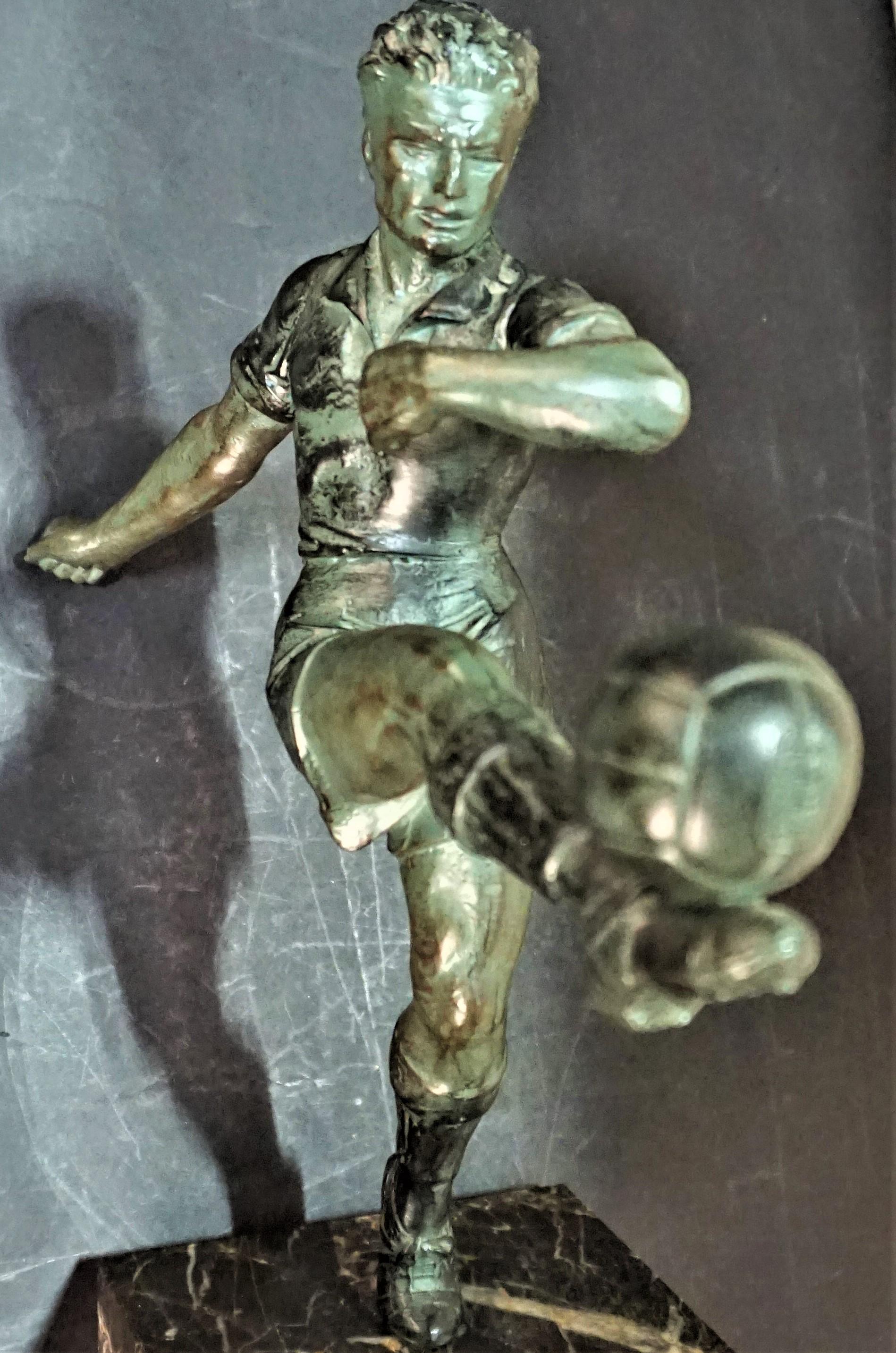 Patinated French 1930s Art Deco Soccer or Football Player Sculpture