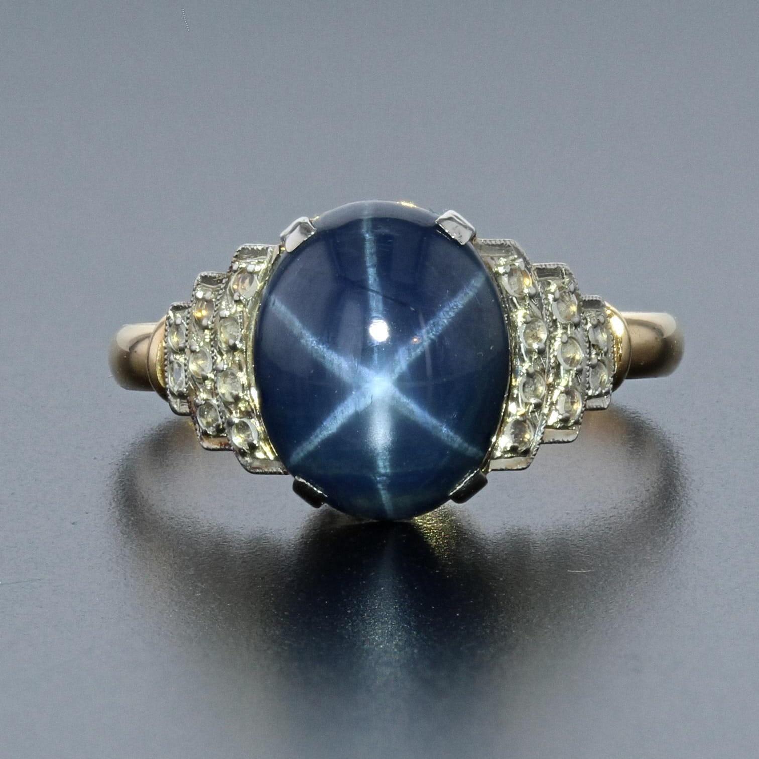French 1930s Art Deco Star Sapphire Diamonds 18 Karat Yellow Gold Ring 5