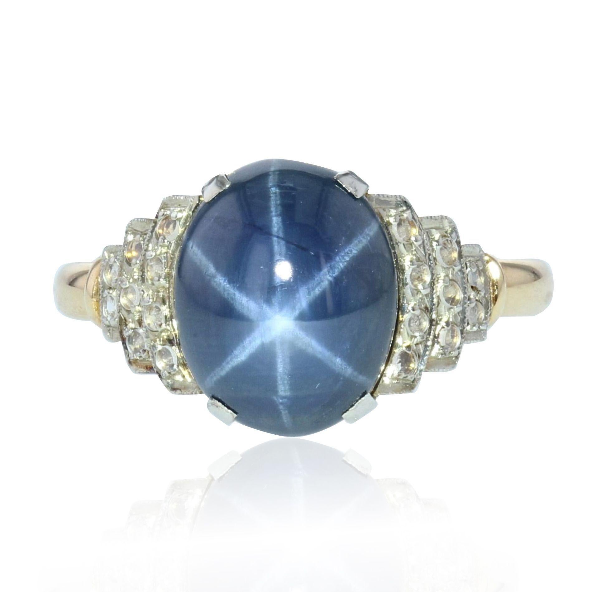 French 1930s Art Deco Star Sapphire Diamonds 18 Karat Yellow Gold Ring 6