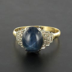 Französischer 1930er Art Deco Stern Saphir Diamanten 18 Karat Gelbgold Ring