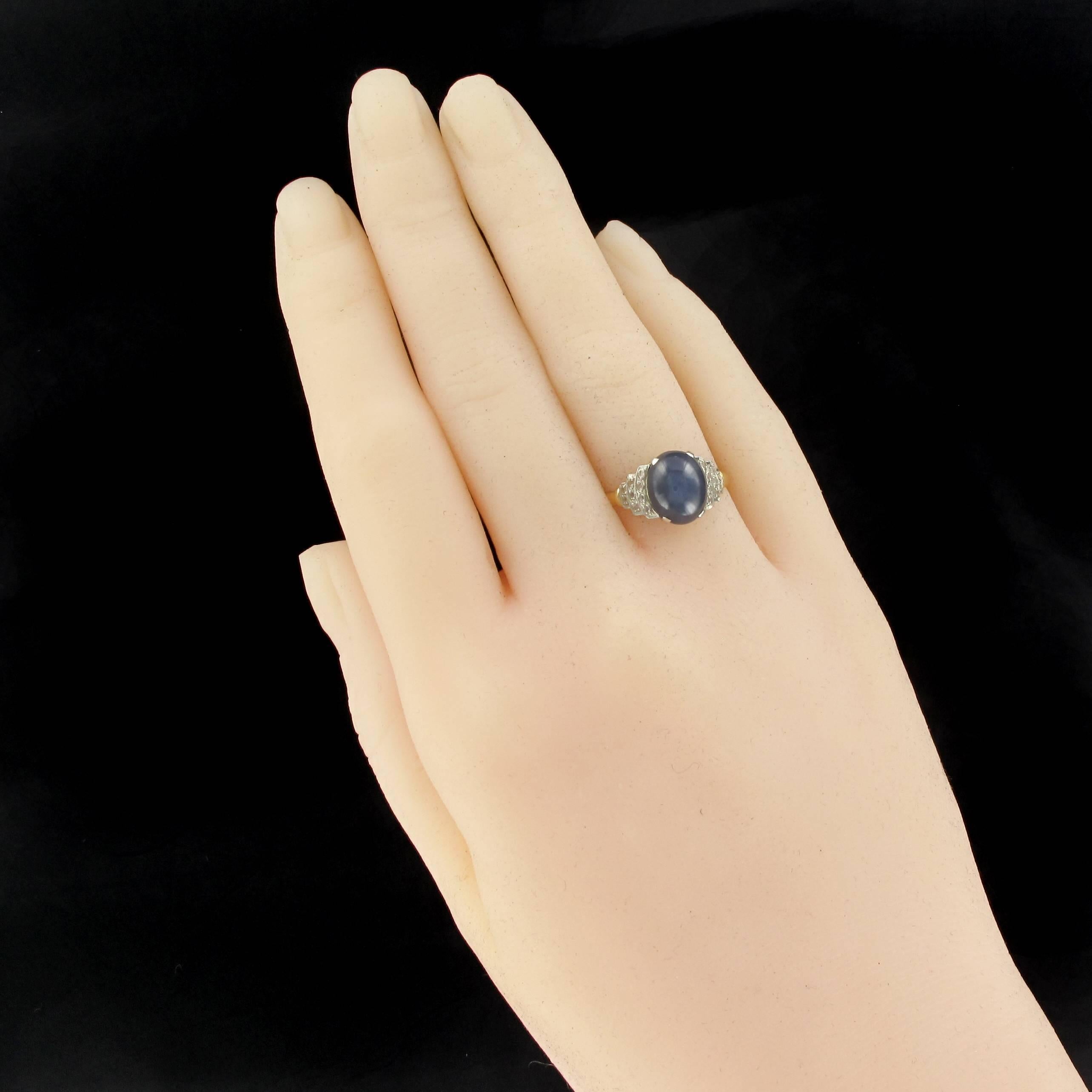 Rose Cut French 1930s Art Deco Star Sapphire Diamonds 18 Karat Yellow Gold Ring