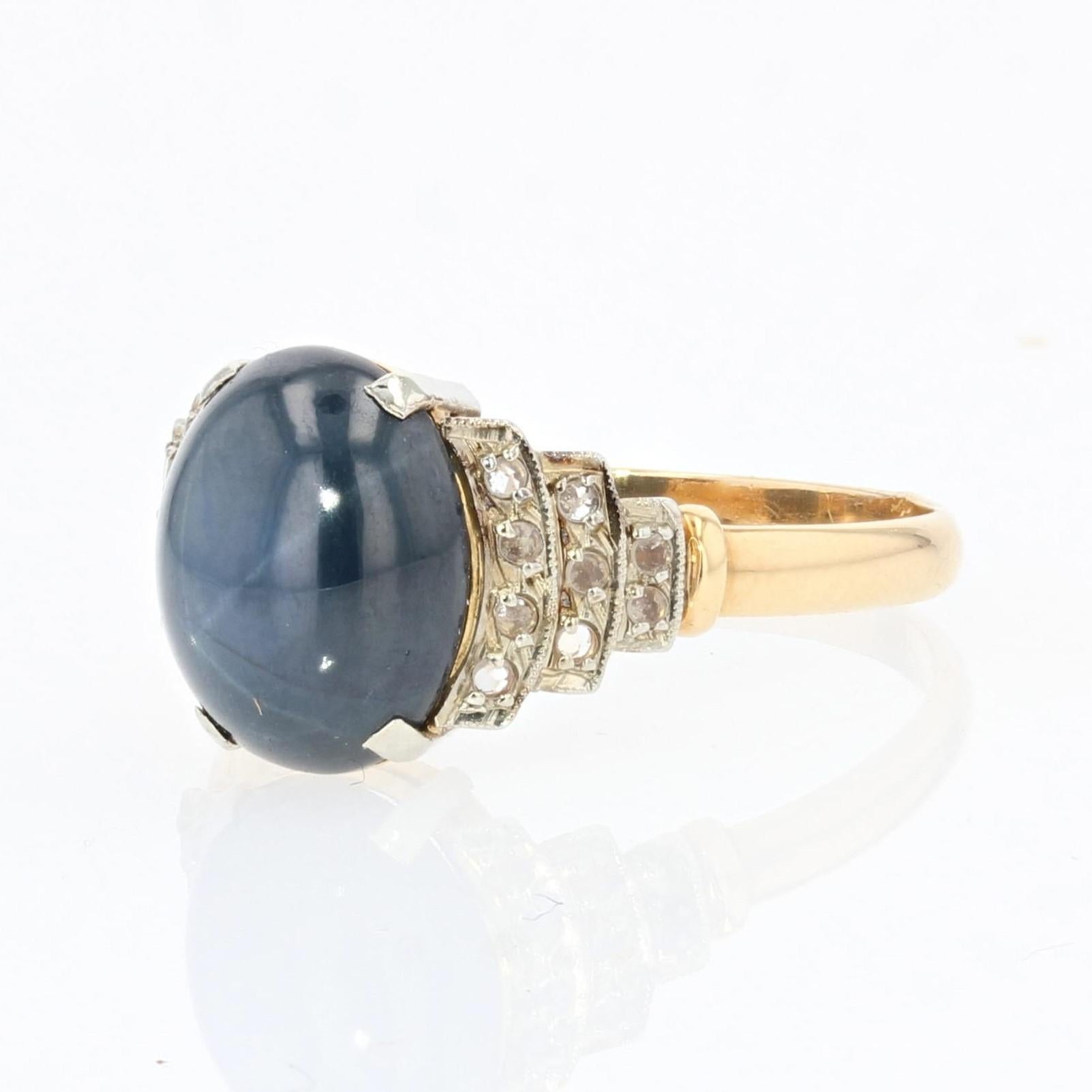 French 1930s Art Deco Star Sapphire Diamonds 18 Karat Yellow Gold Ring 2
