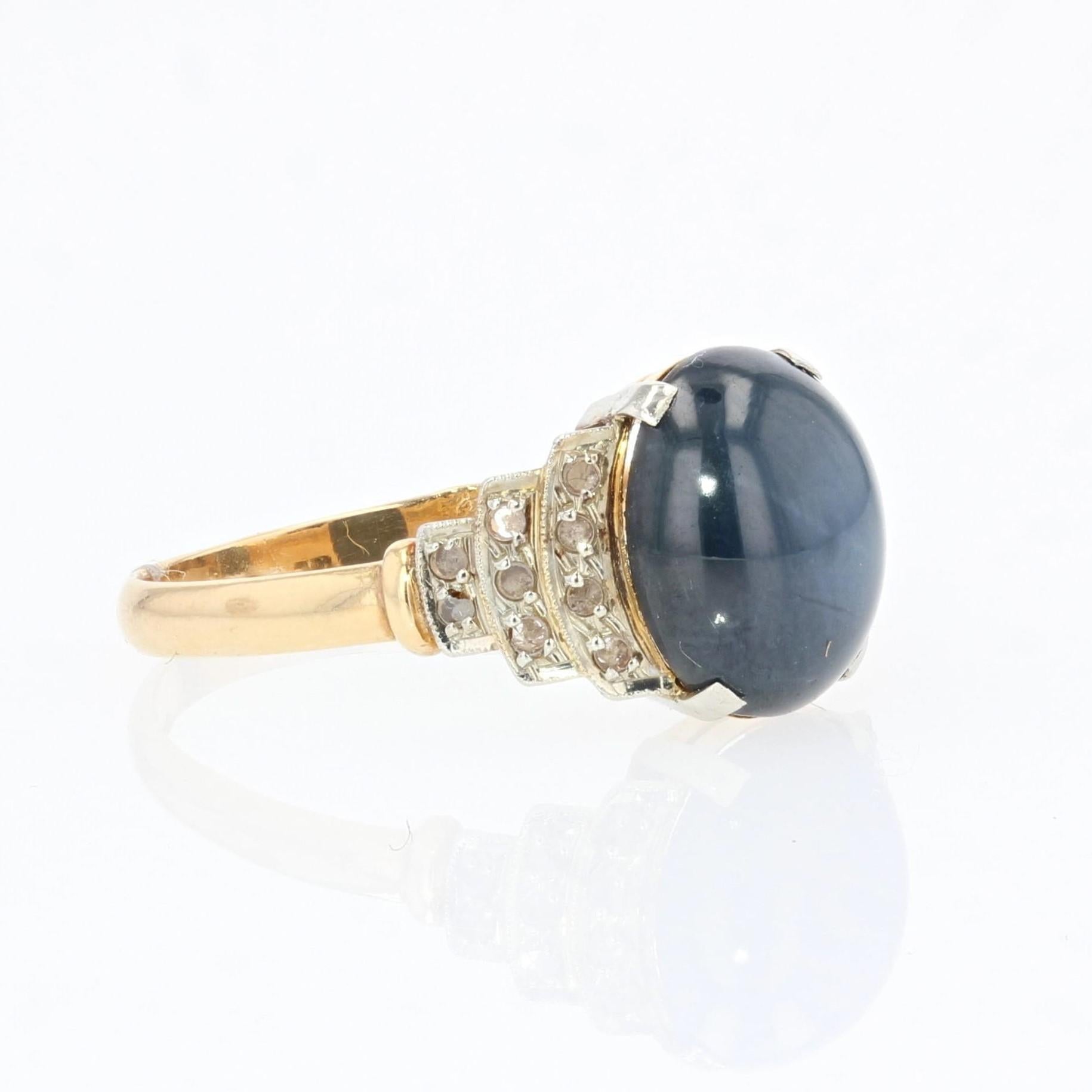 French 1930s Art Deco Star Sapphire Diamonds 18 Karat Yellow Gold Ring 4