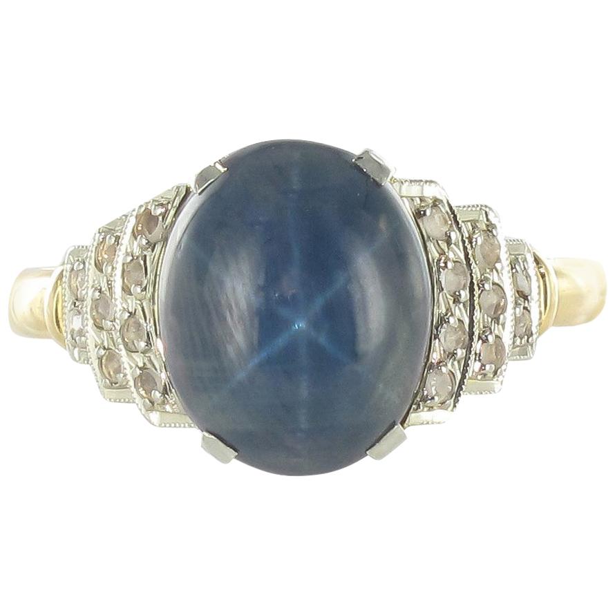French 1930s Art Deco Star Sapphire Diamonds 18 Karat Yellow Gold Ring