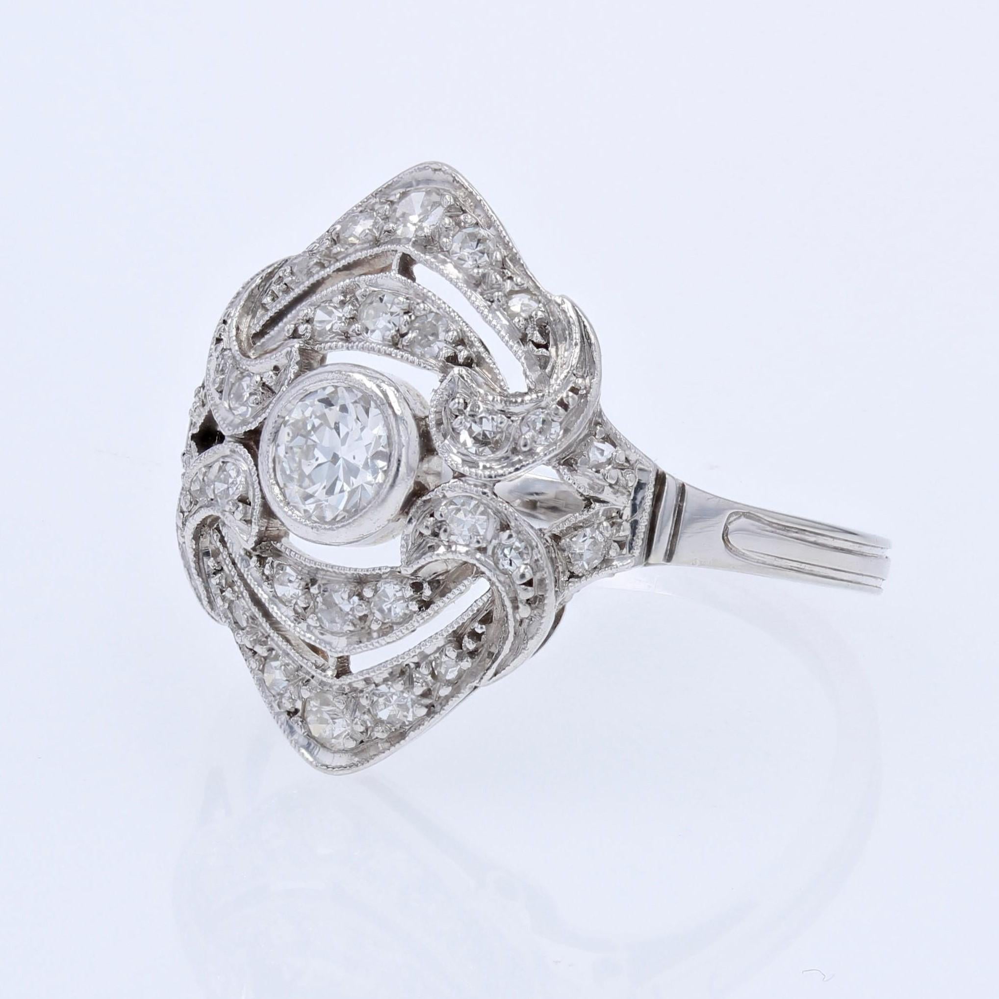 Women's French 1930s Art Deco Style Diamonds 18 Karat White Gold Ring