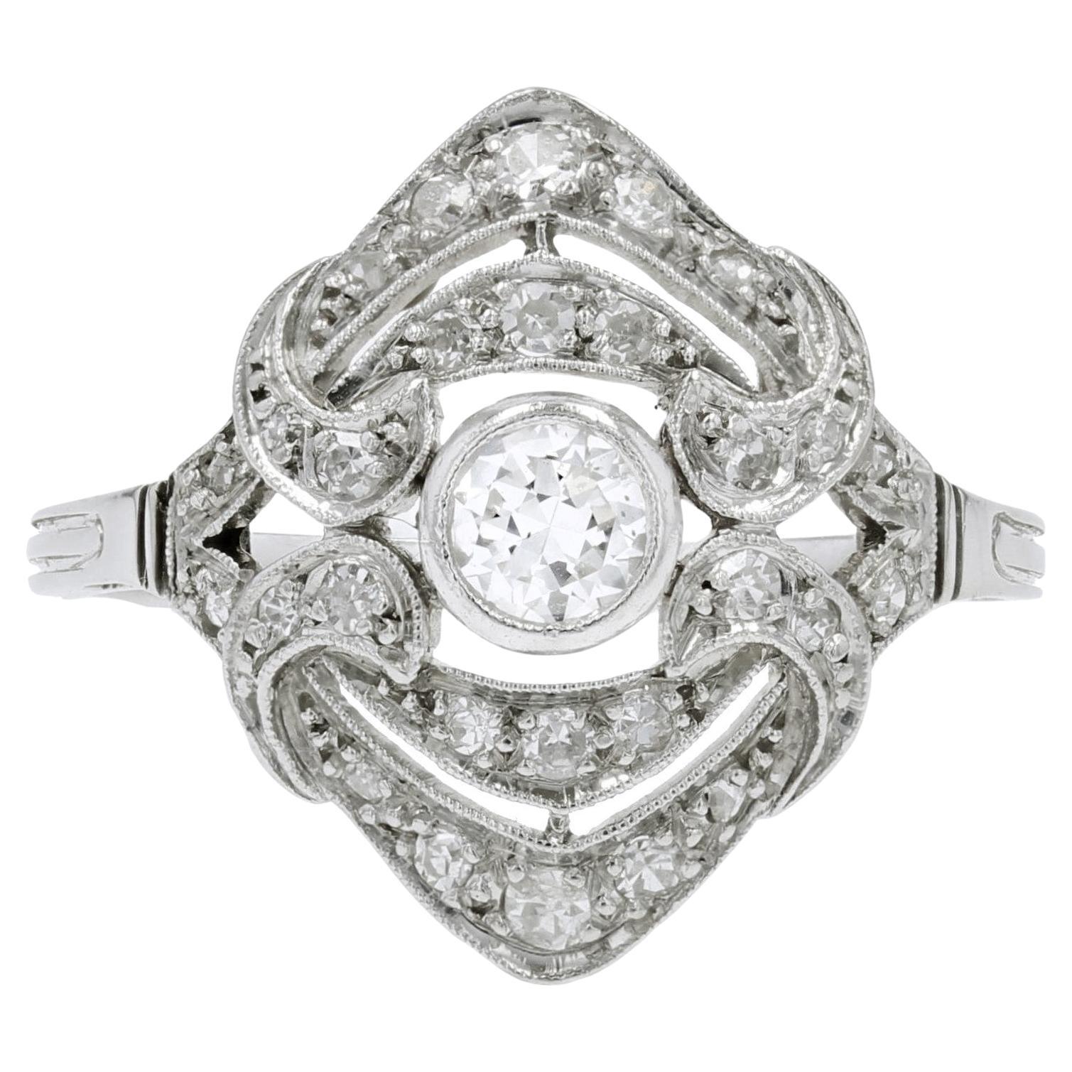 French 1930s Art Deco Style Diamonds 18 Karat White Gold Ring For Sale