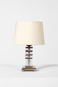 French 1930s Art Deco Table Lamp in Cut Glass Palm Wood and Nickel Plated Bronze