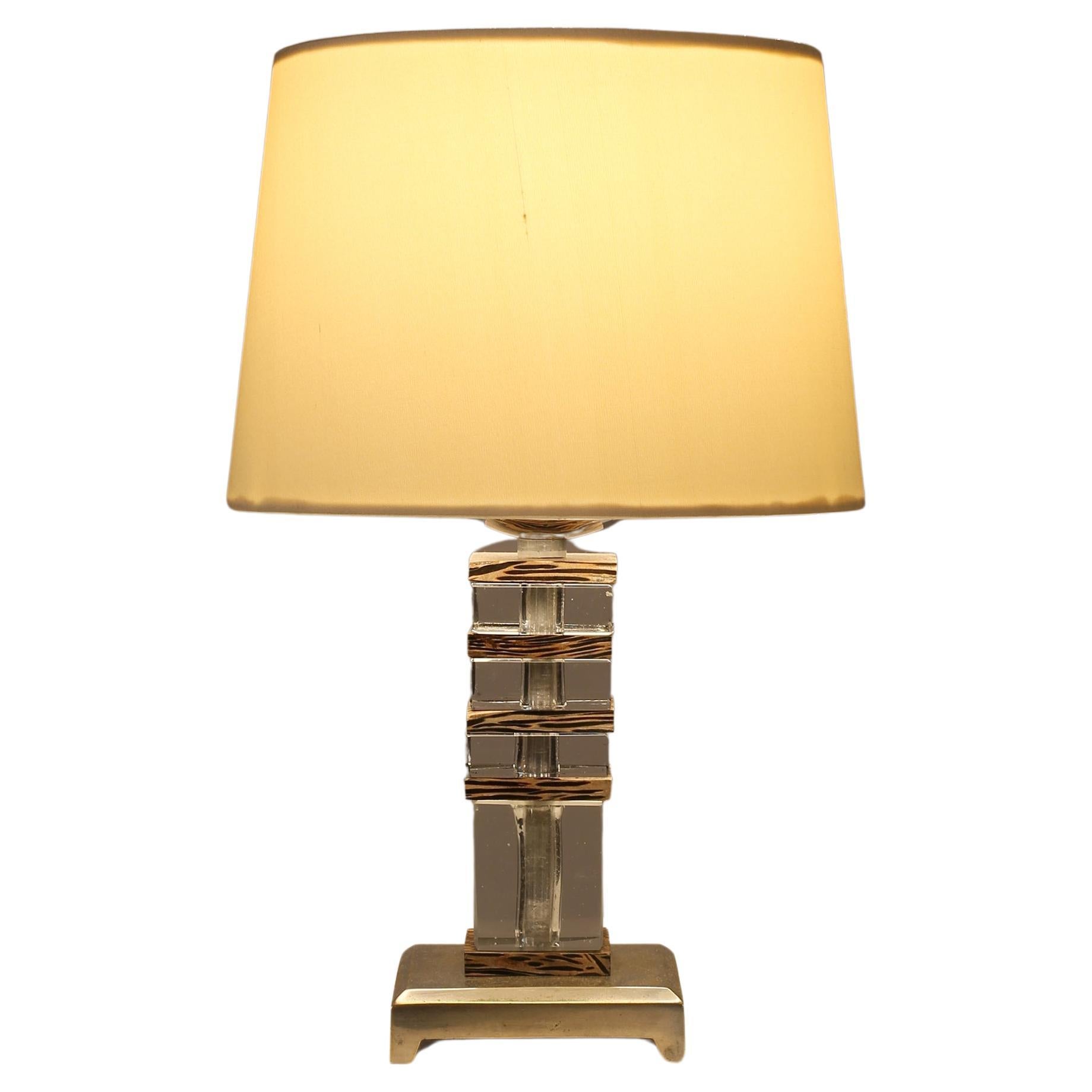 French 1930s Art Deco Table Lamp in Cut Glass Palm Wood and Nickel Plated Bronze For Sale