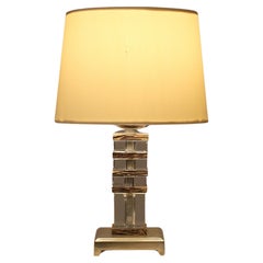 French 1930s Art Deco Table Lamp in Cut Glass Palm Wood and Nickel Plated Bronze