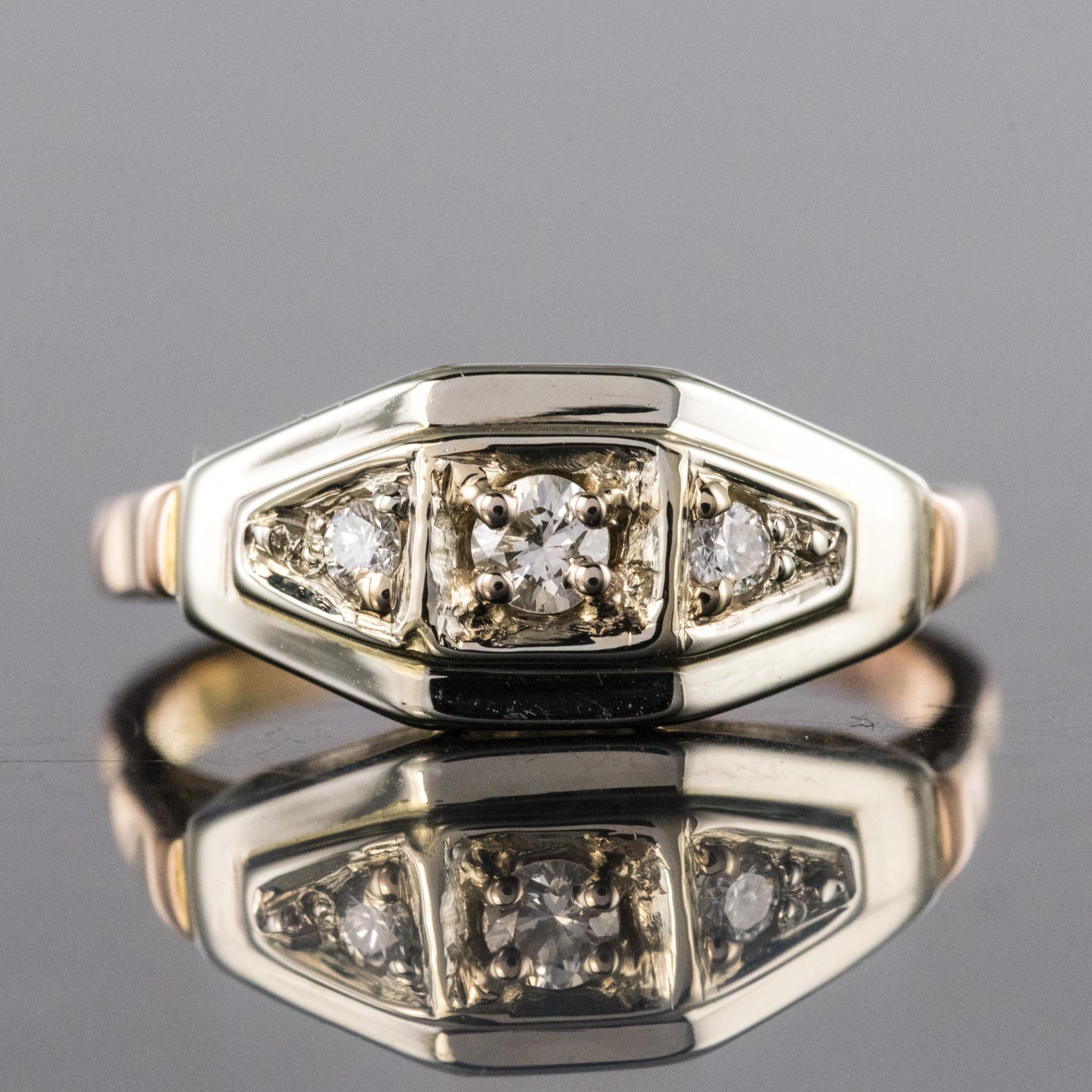 French 1930s Art Deco Trio Diamond 18 Karat Yellow White Gold Ring 3