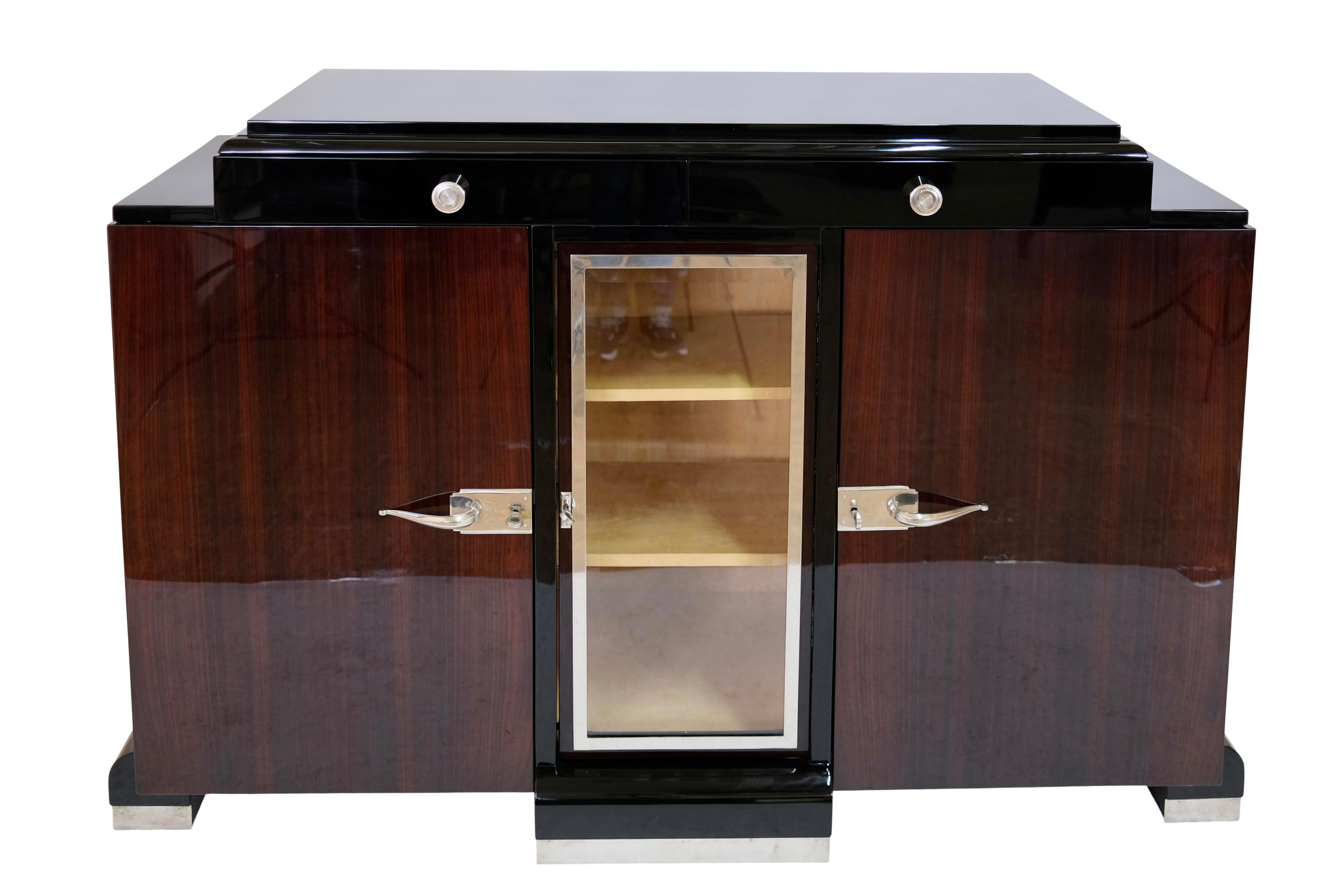Blackened French 1930s Art Deco Two Doored Sideboard with Display Cabinet and Drawers For Sale