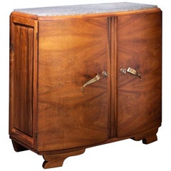 French 1930s Art Deco Walnut Wooden Marquetry Marble and Brass Curved Cabinet