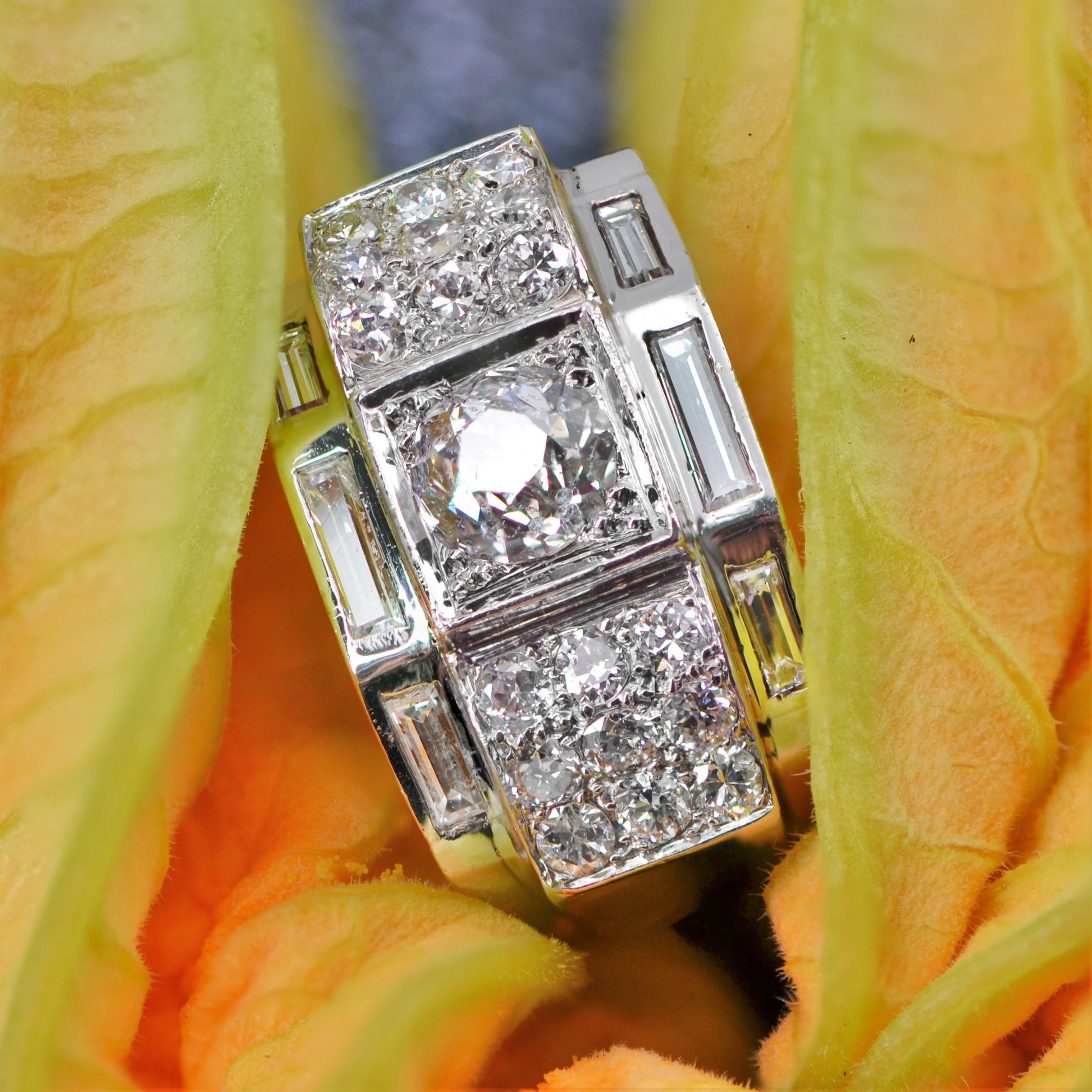 French 1930s Baguette and Brilliant Diamonds Platinum White Gold Art Deco Ring 7