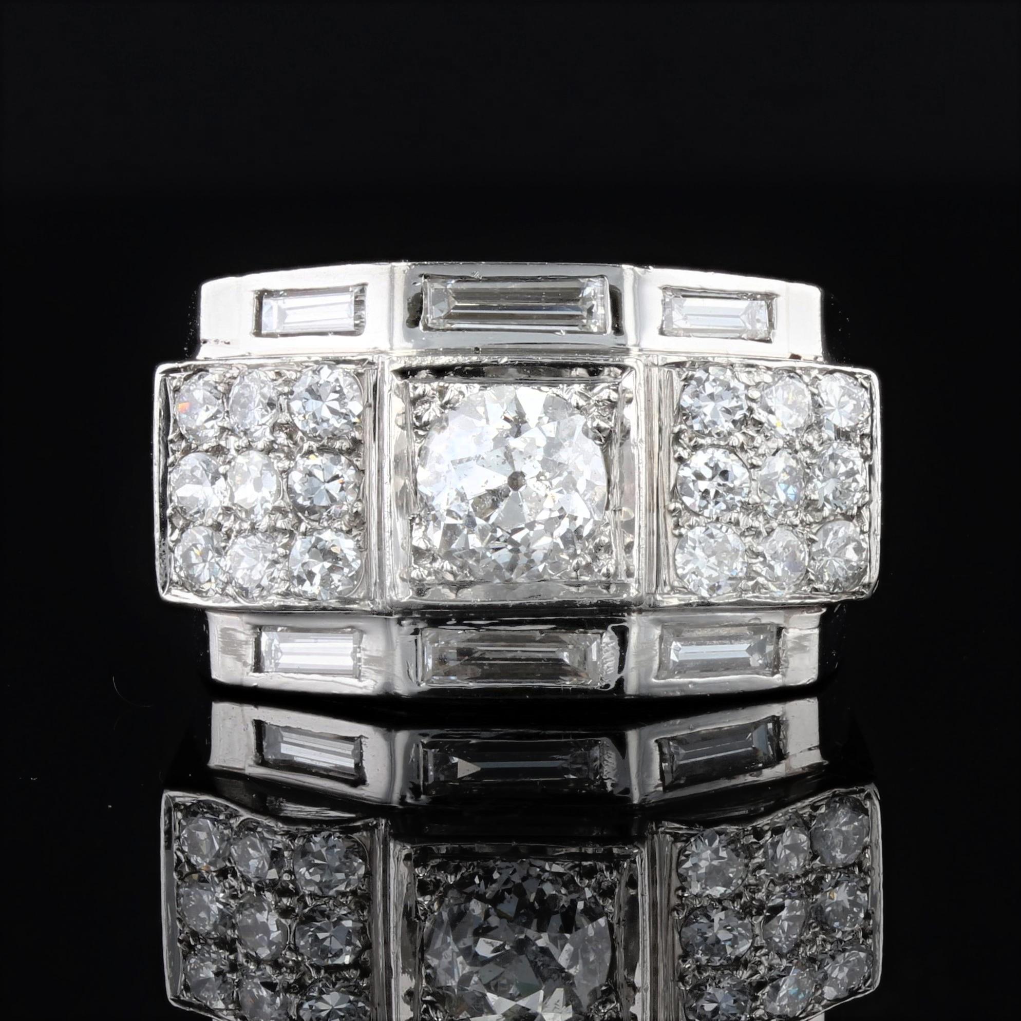 Brilliant Cut French 1930s Baguette and Brilliant Diamonds Platinum White Gold Art Deco Ring