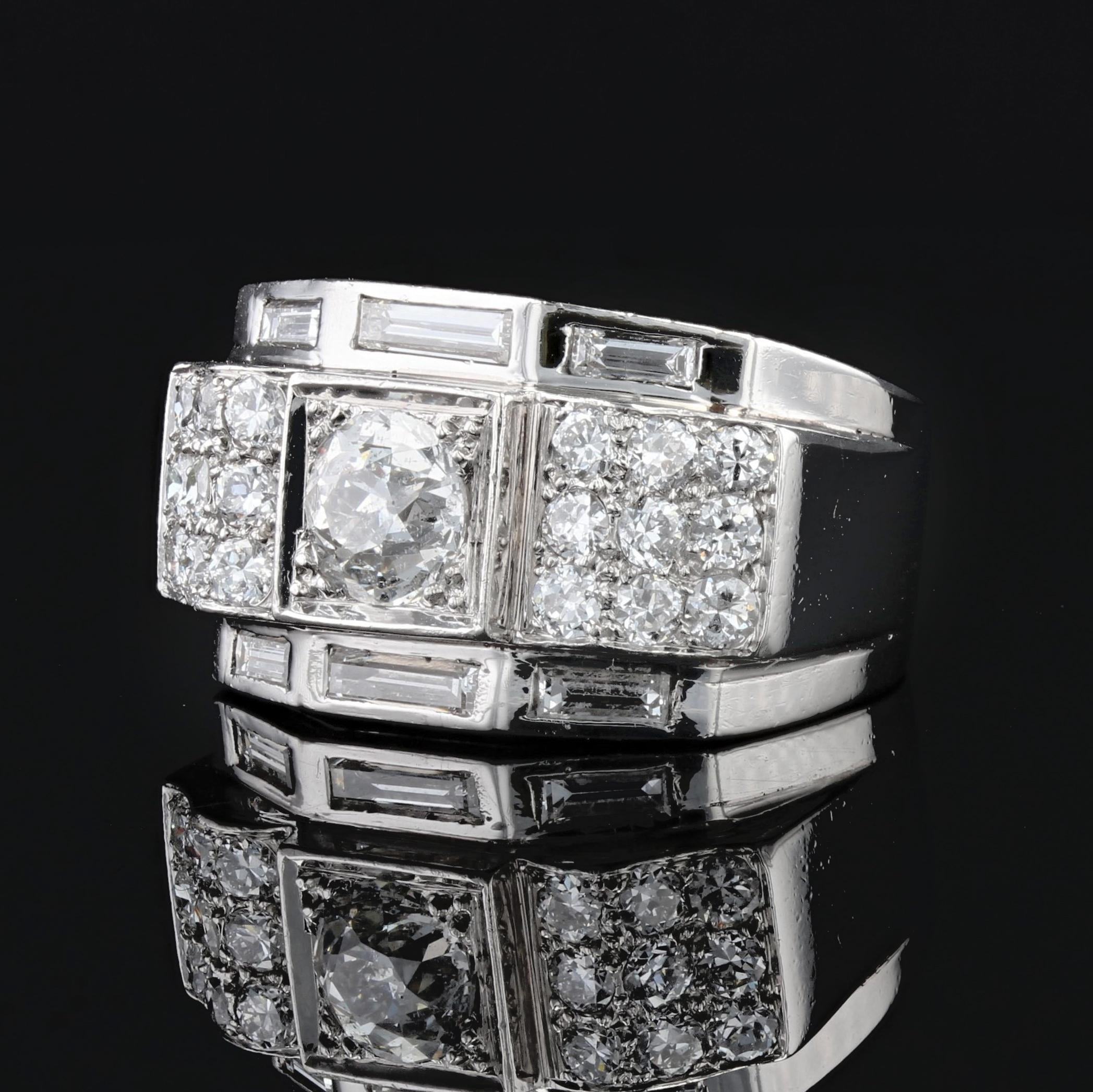 French 1930s Baguette and Brilliant Diamonds Platinum White Gold Art Deco Ring 1