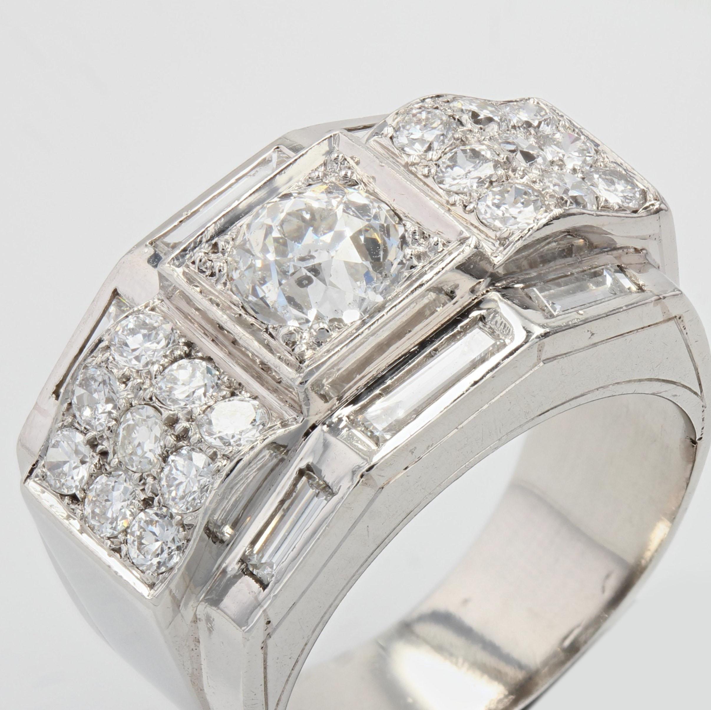 French 1930s Baguette and Brilliant Diamonds Platinum White Gold Art Deco Ring 2
