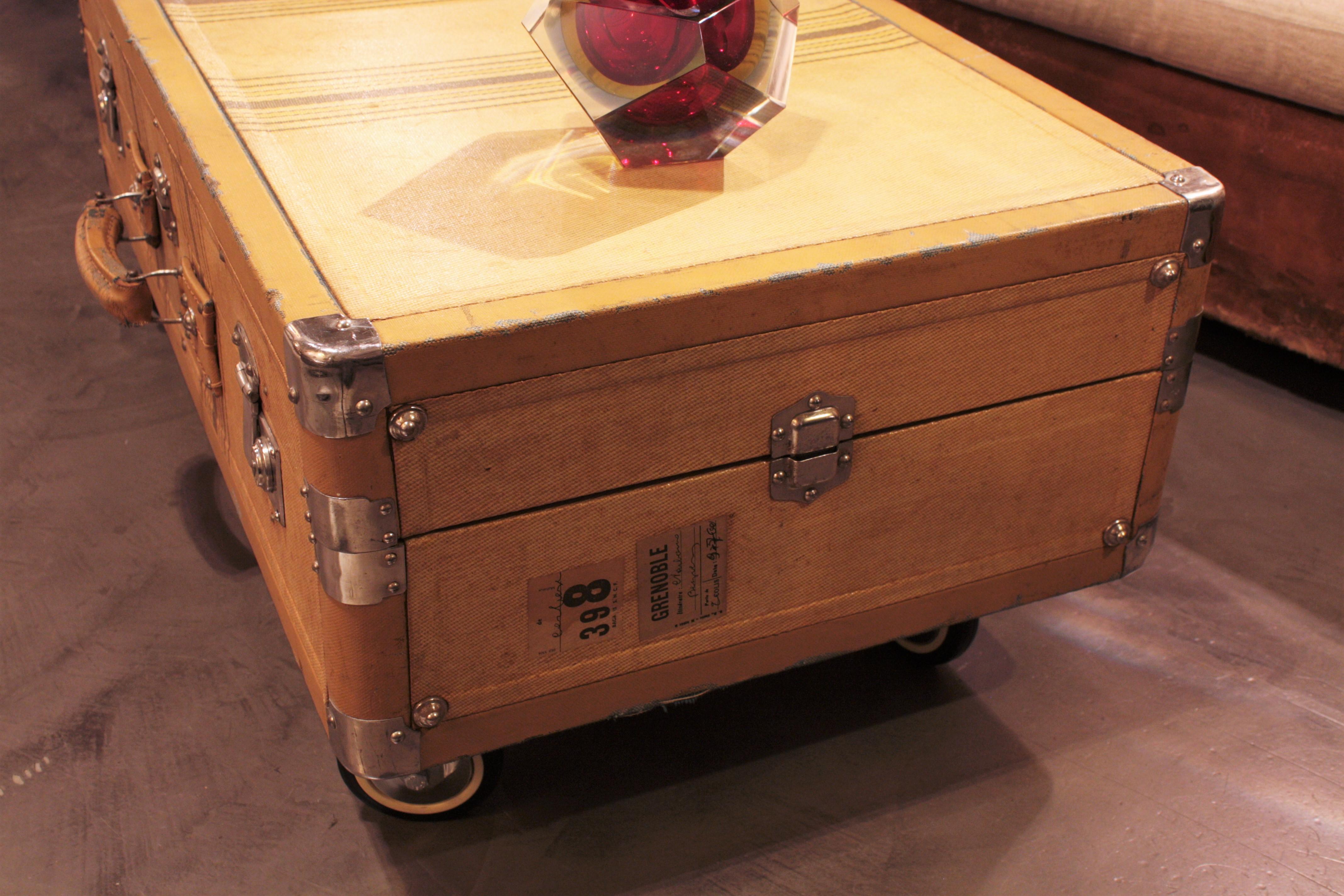 Metal French Beige Striped Canvas Cabin Trunk as Coffee Table, 1930s For Sale