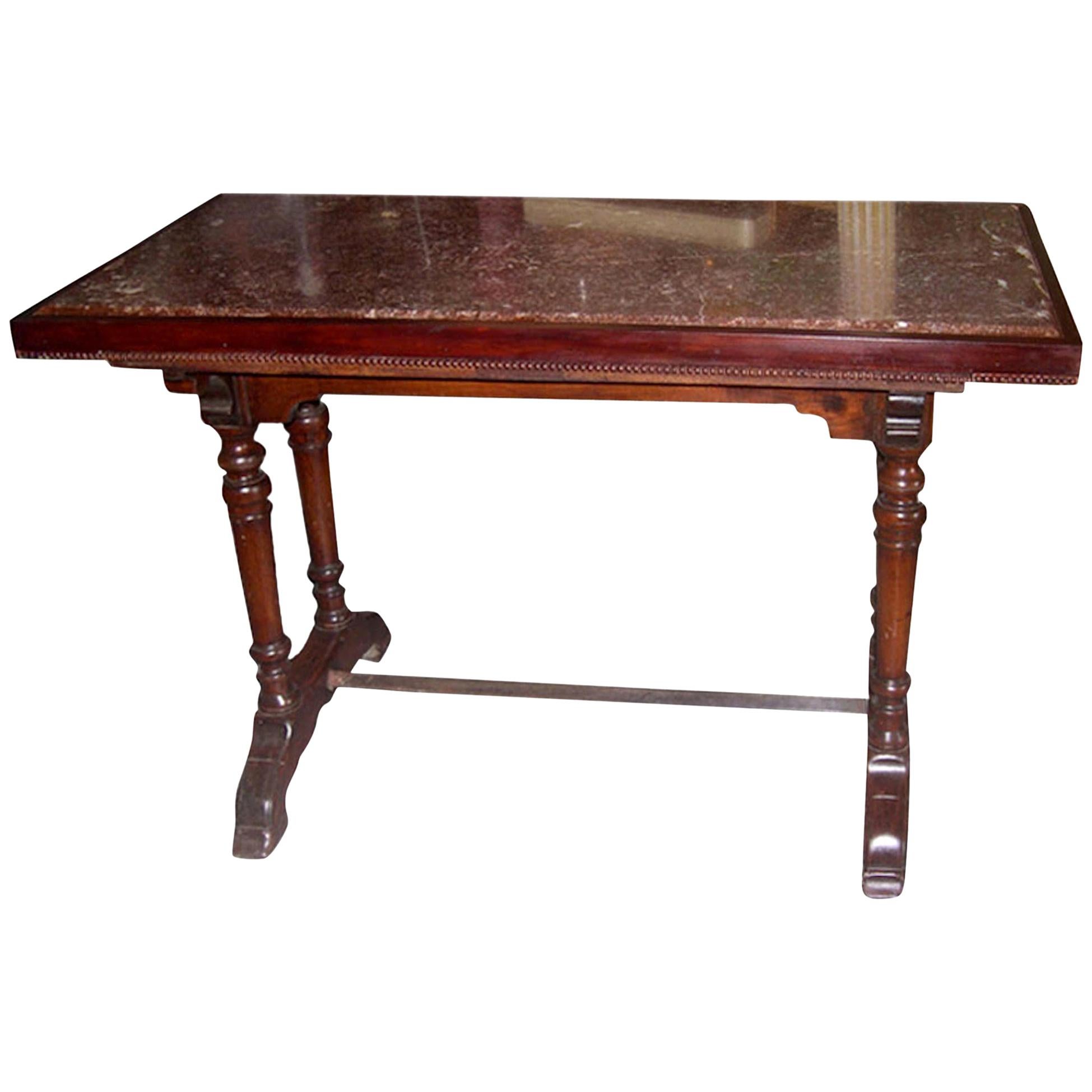 French 1930s Bistro Table on Walnut and Iron Frame with Red Marble Top