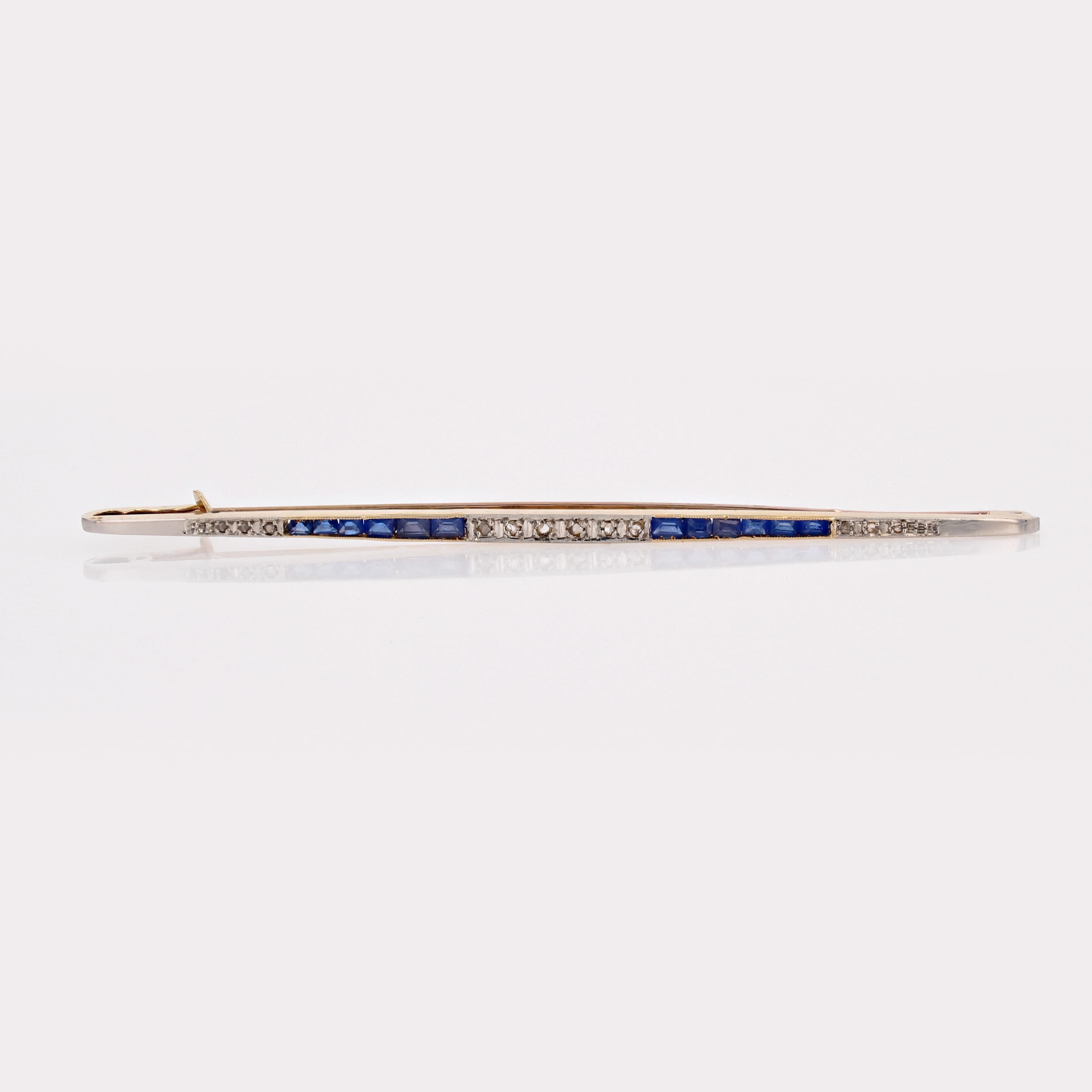 French 1930s Blue Gems Diamonds 18 Karat Yellow Gold Platinum Bar Brooch For Sale 6