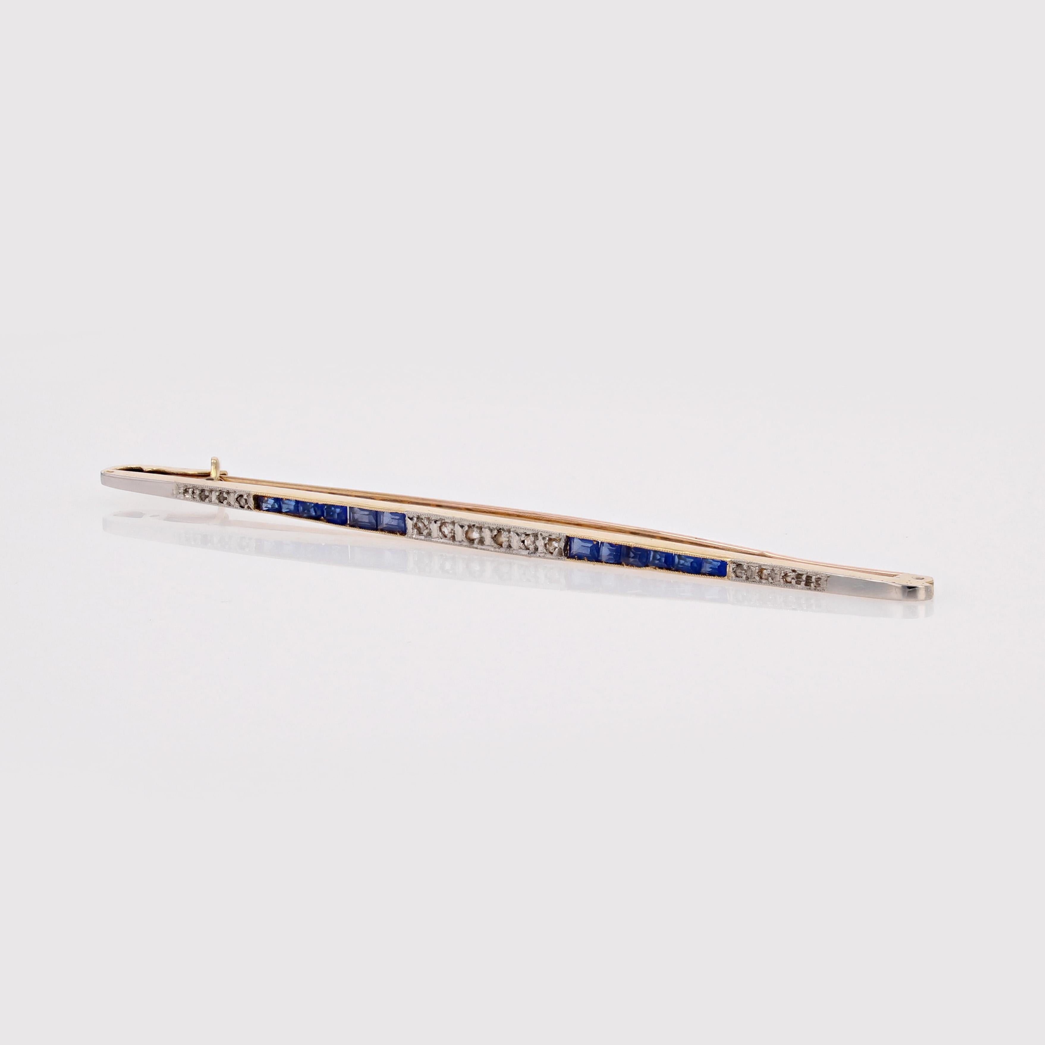 French 1930s Blue Gems Diamonds 18 Karat Yellow Gold Platinum Bar Brooch In Good Condition For Sale In Poitiers, FR
