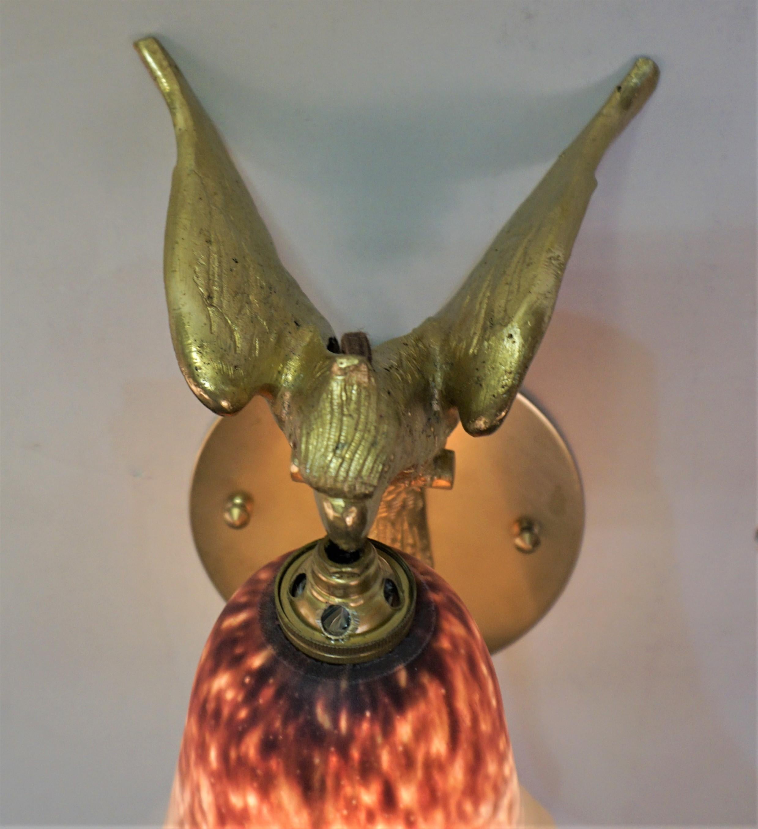 Mid-20th Century French 1930's Bronze Parrot and Art Glass Wall Sconce