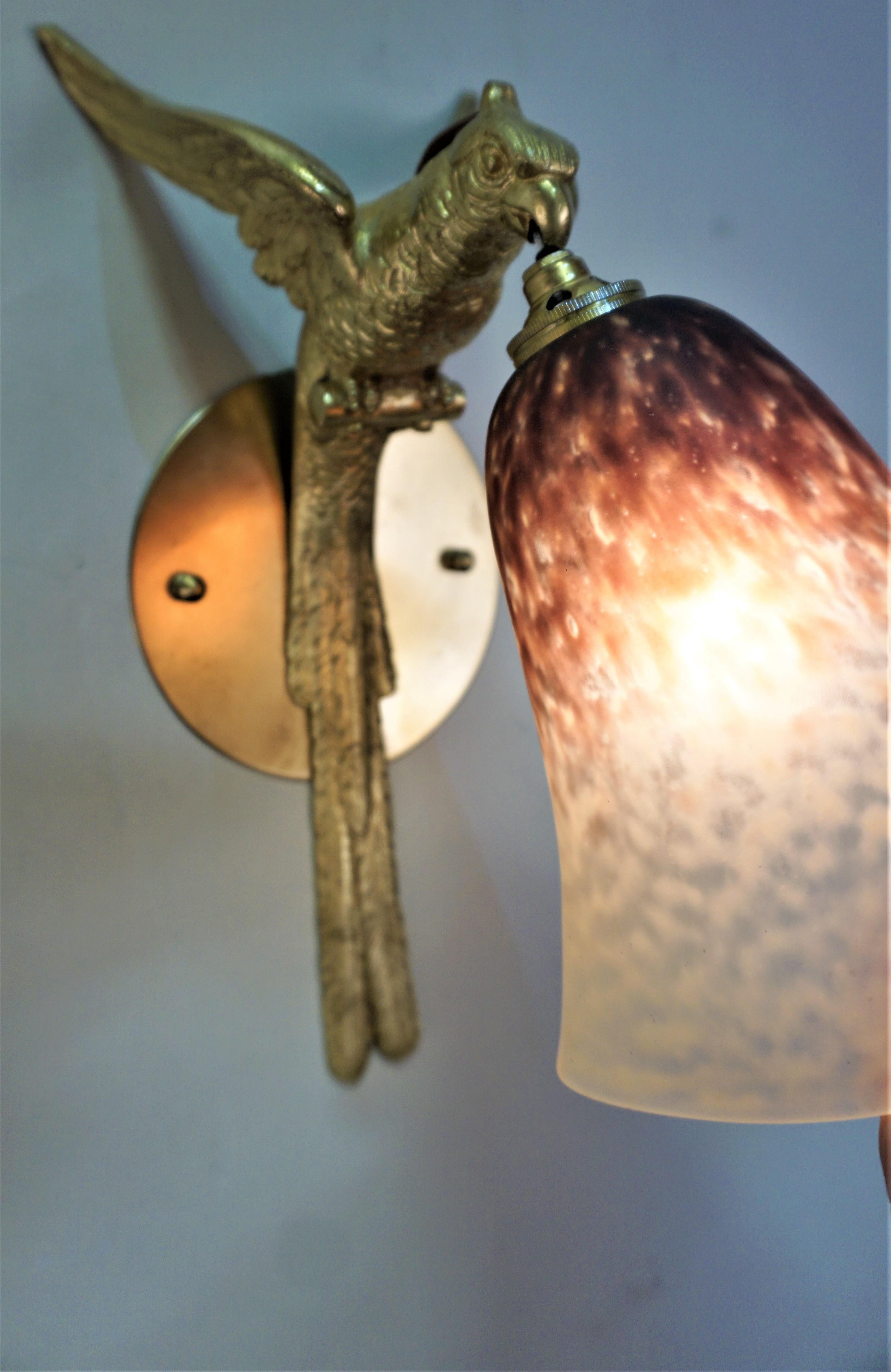 French 1930's Bronze Parrot and Art Glass Wall Sconce 1