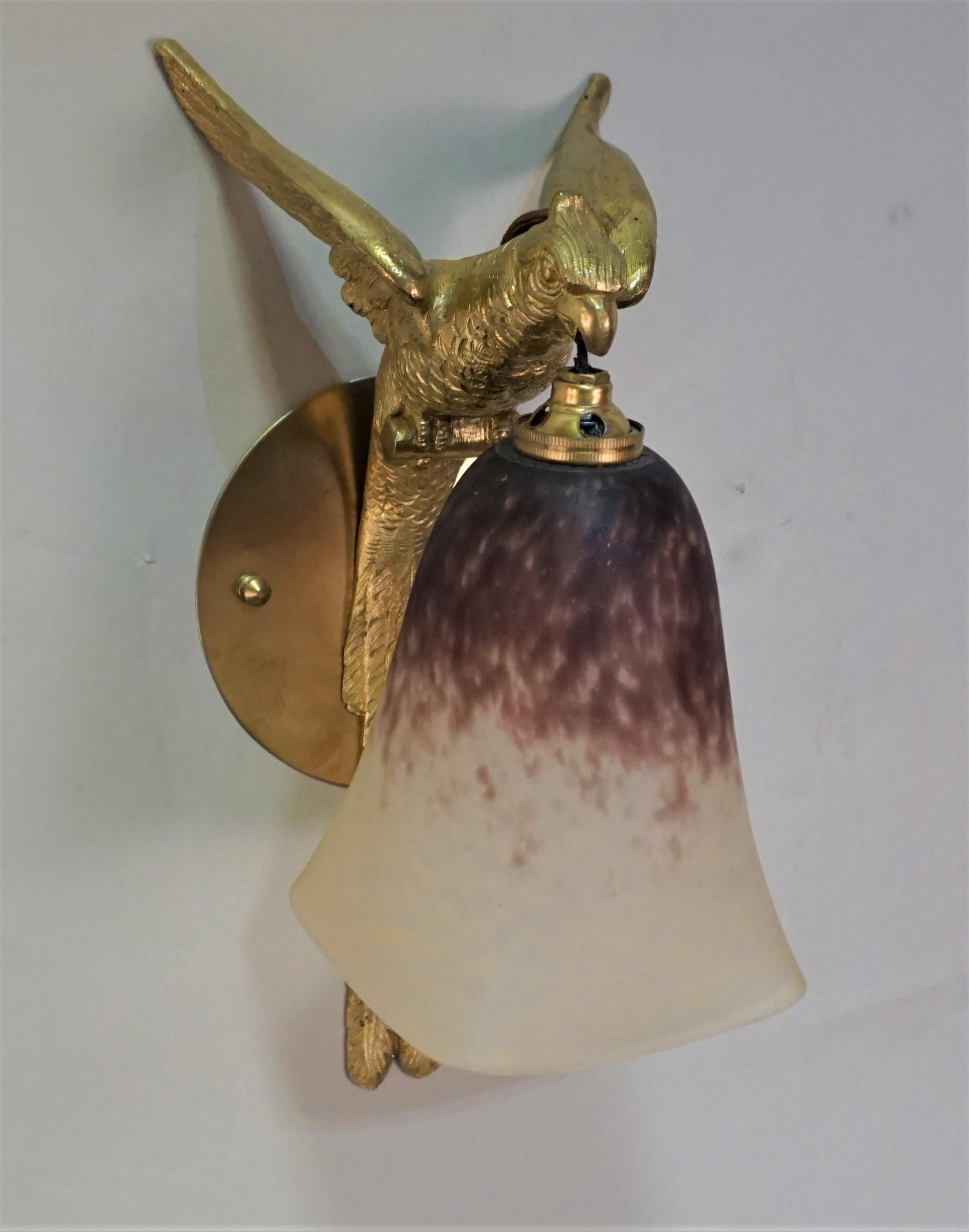 French 1930's Bronze Parrot and Art Glass Wall Sconce 3