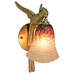 French 1930's Bronze Parrot and Art Glass Wall Sconce
