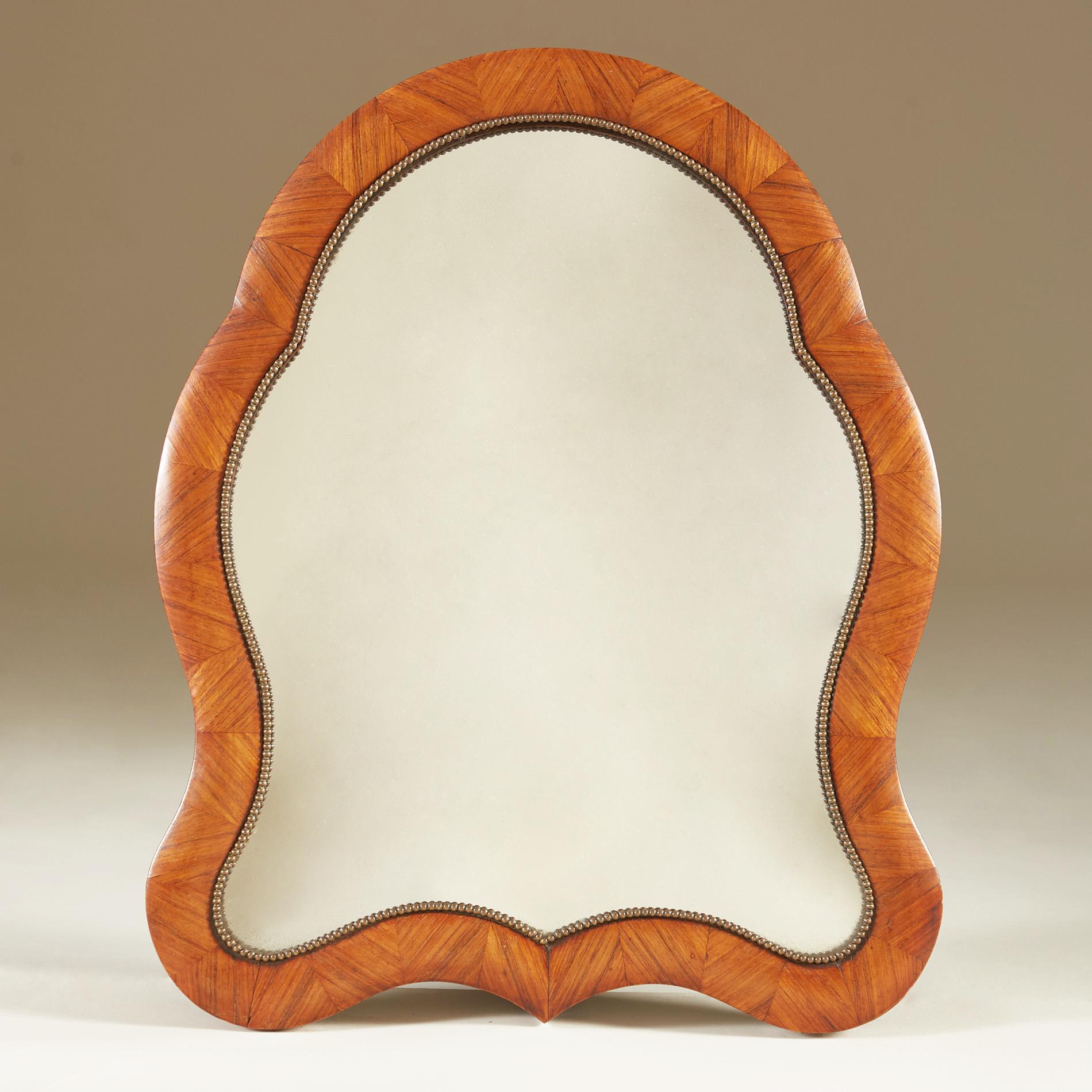 French 1930s Burl Walnut veneer shaped table mirror with delicate brass detail For Sale 2