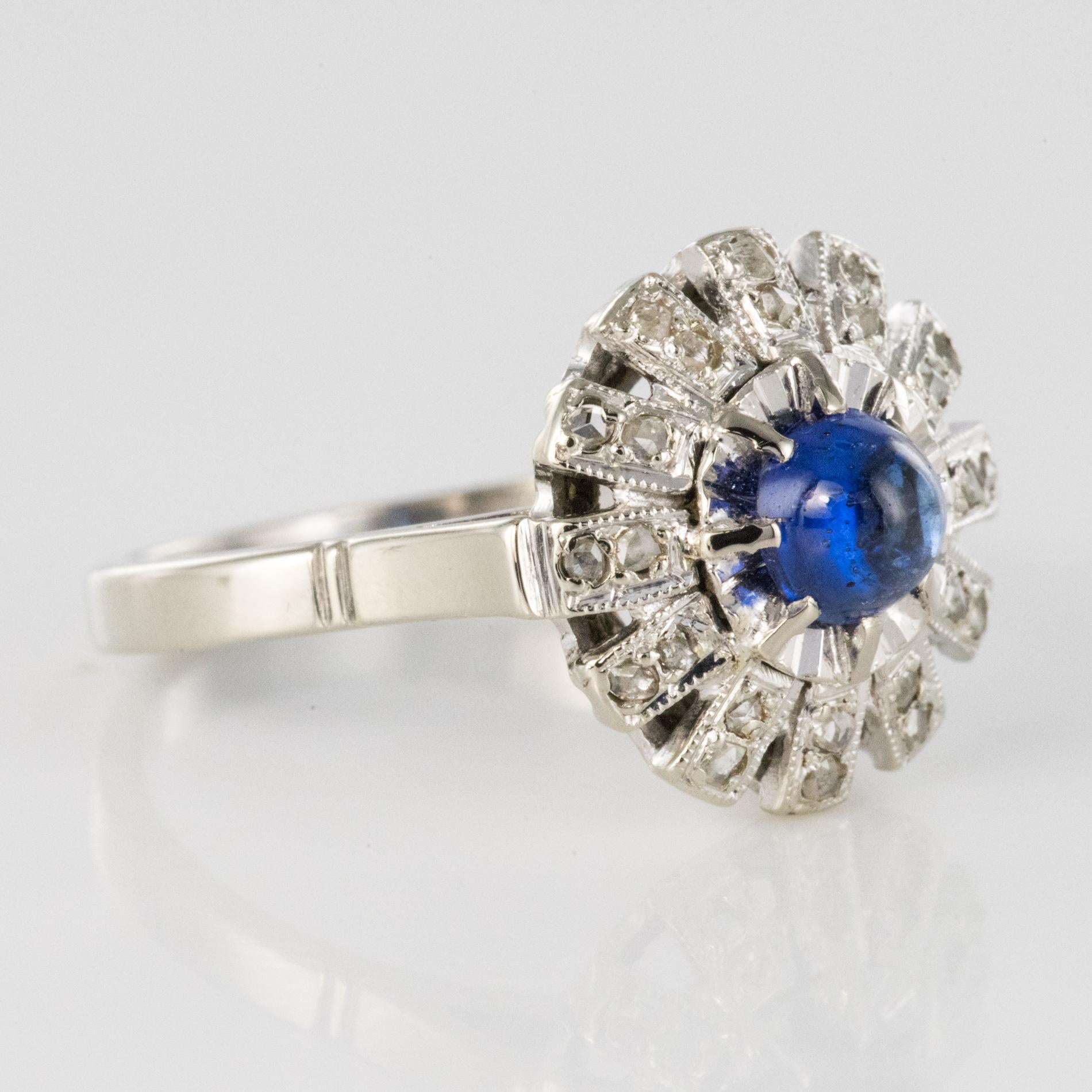 French 1930s Art Deco Cabochon Sapphire Diamonds Round Ring 7