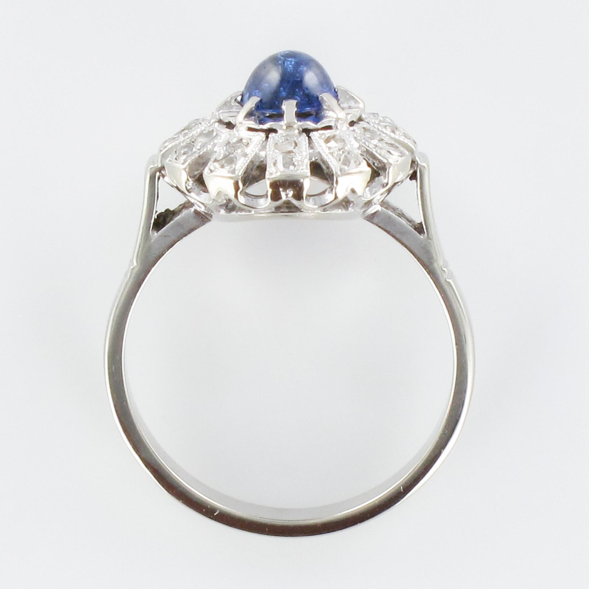 French 1930s Art Deco Cabochon Sapphire Diamonds Round Ring 9