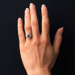 French 1930s Art Deco Cabochon Sapphire Diamonds Round Ring