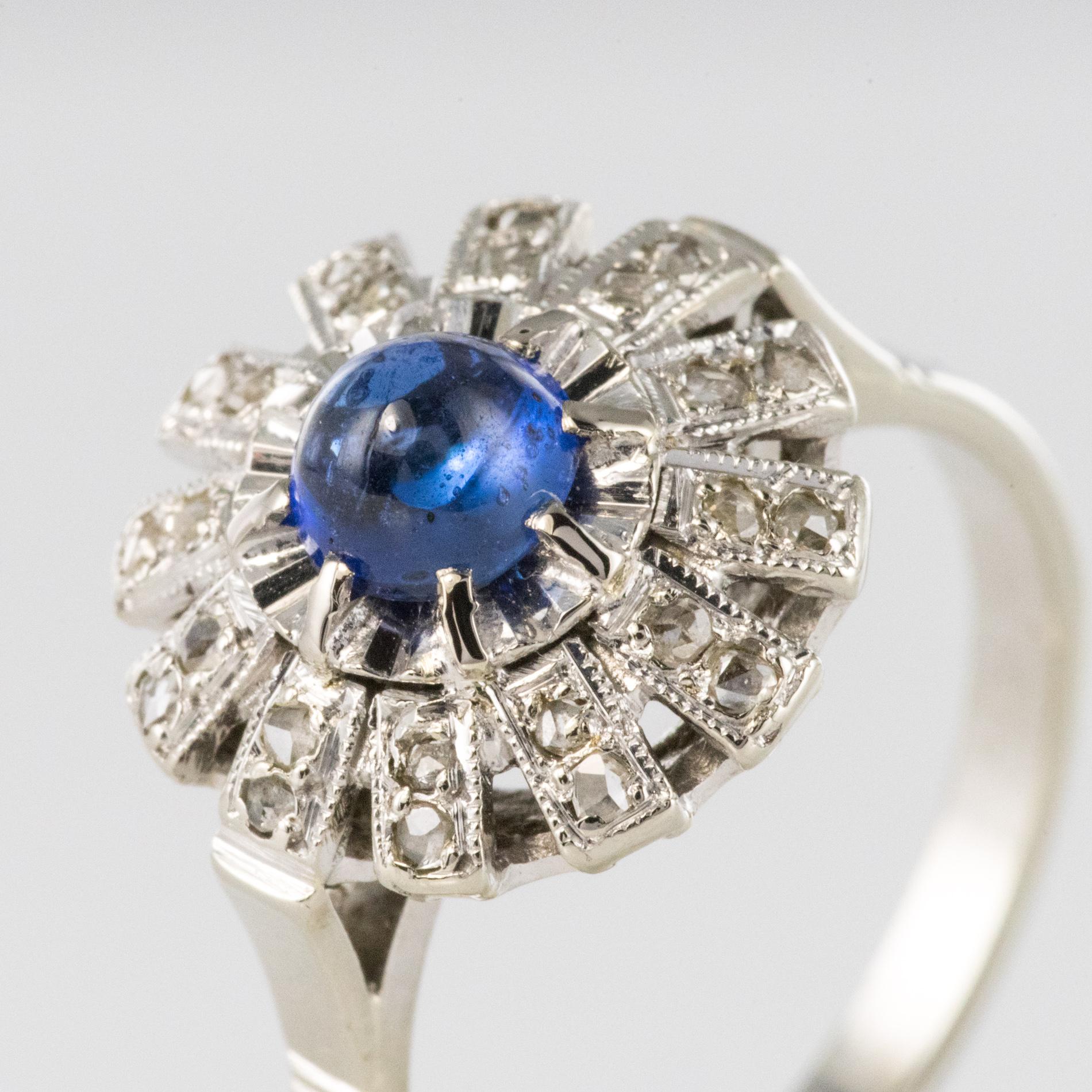 French 1930s Art Deco Cabochon Sapphire Diamonds Round Ring 2