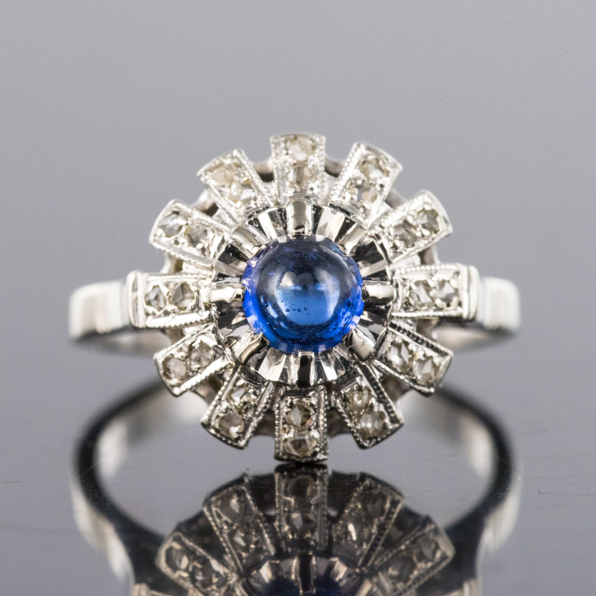 French 1930s Art Deco Cabochon Sapphire Diamonds Round Ring 4
