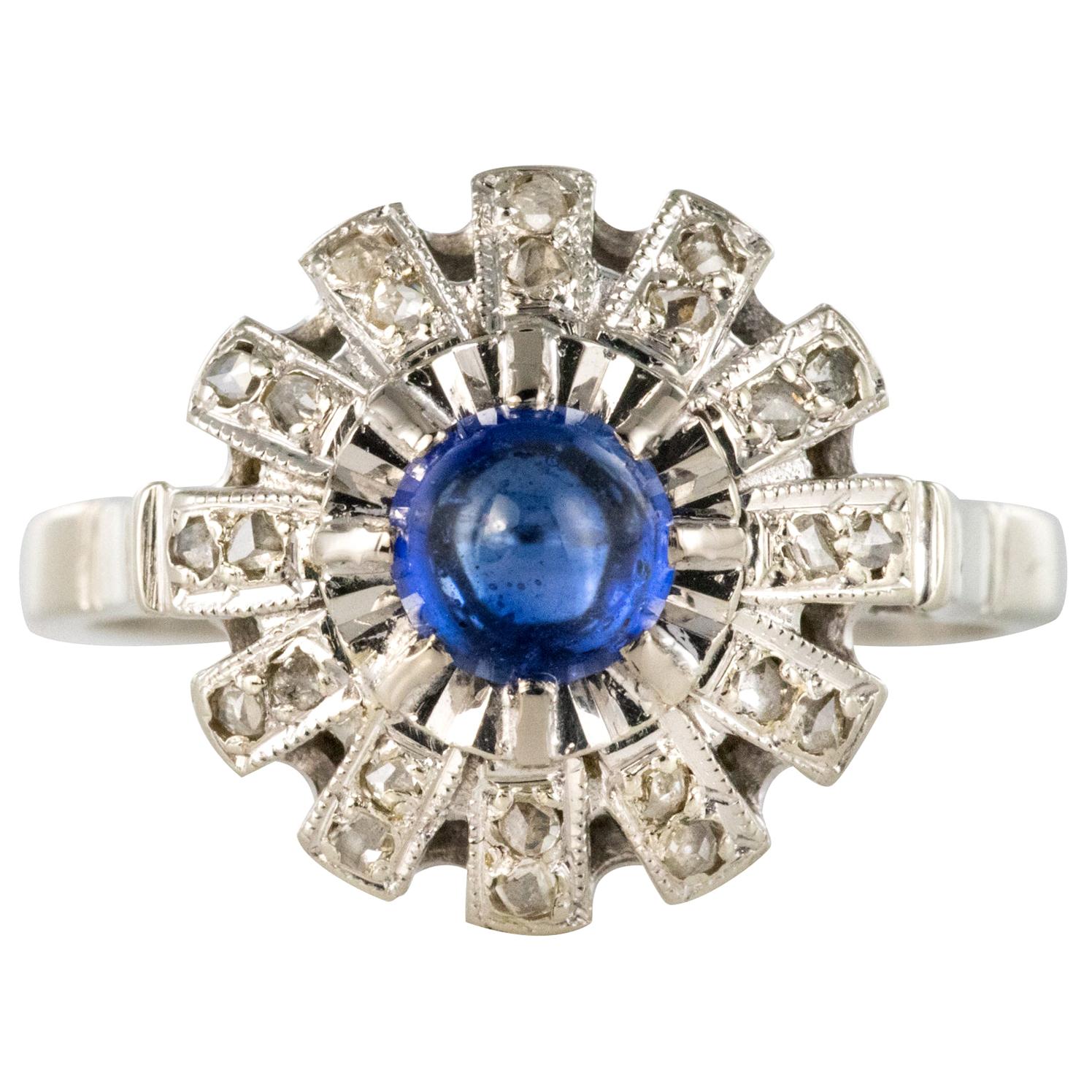 French 1930s Art Deco Cabochon Sapphire Diamonds Round Ring