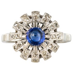 Vintage French 1930s Art Deco Cabochon Sapphire Diamonds Round Ring