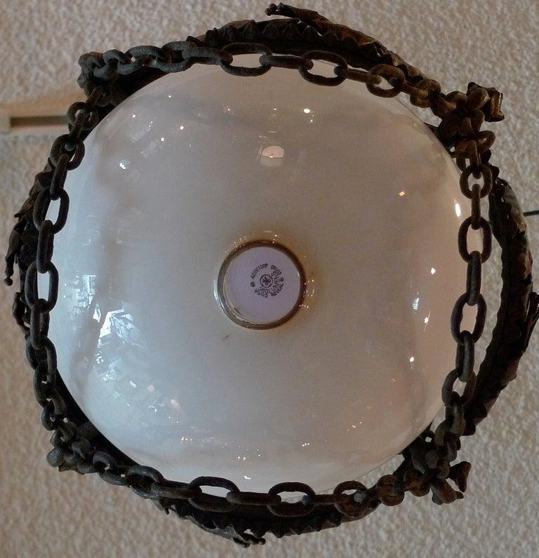 French 1930s Cast Iron Pendant with Milk Glass Globe and Chain Surround For Sale 2