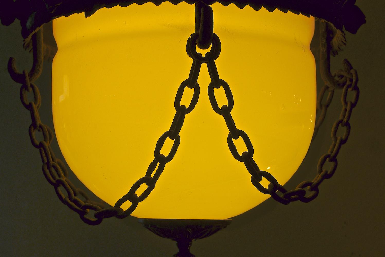 French 1930s Cast Iron Pendant with Milk Glass Shade and Chain Surround 2