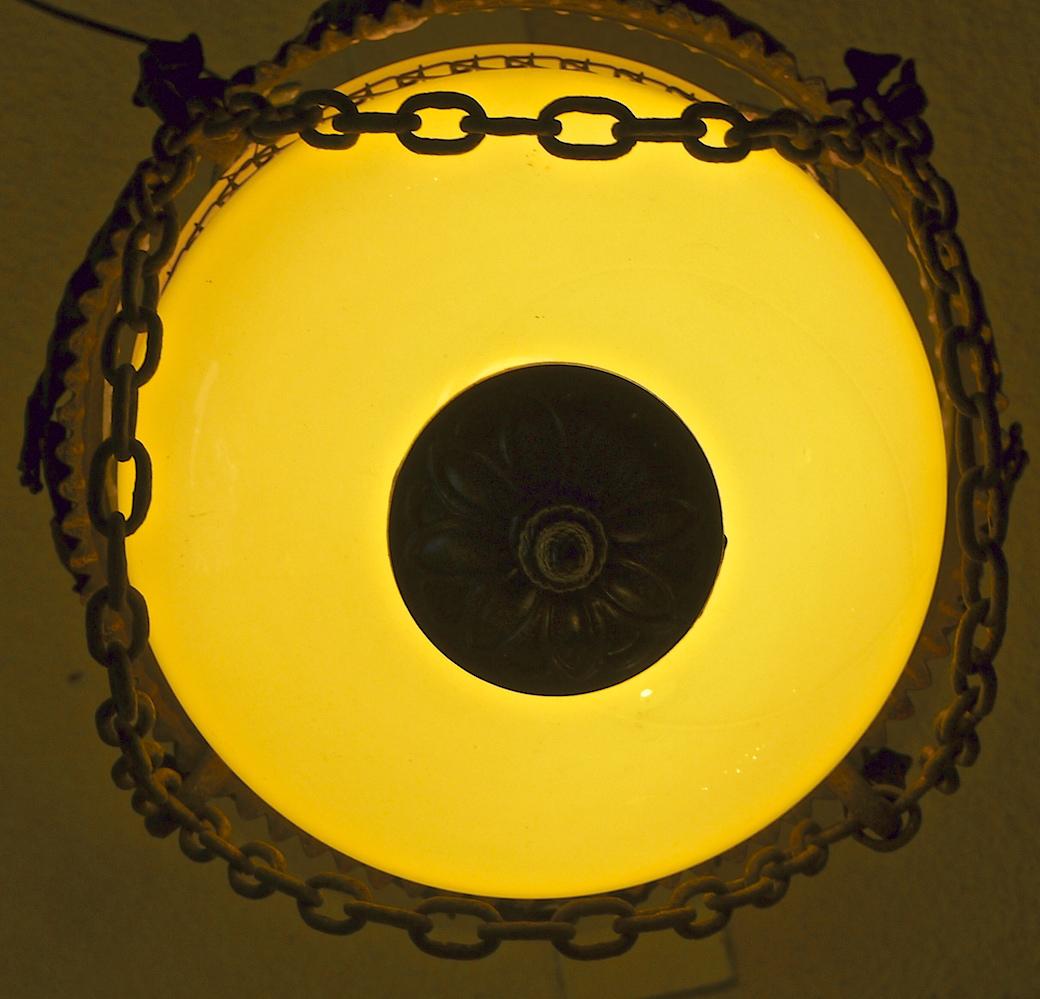 French 1930s Cast Iron Pendant with Milk Glass Shade and Chain Surround 5