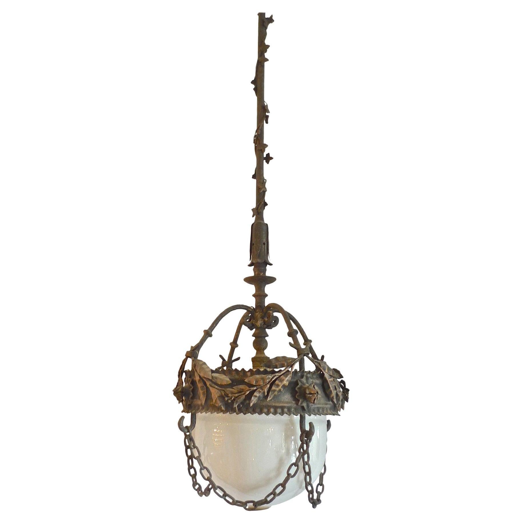 French 1930s Cast Iron Pendant with Milk Glass Shade and Chain Surround