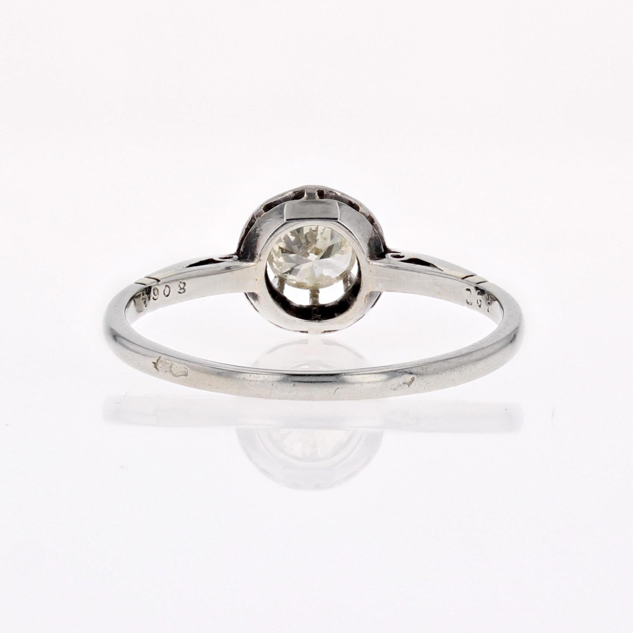 Women's French 1930s Champagne Diamond 18 Karat White Gold Platinum Solitaire Ring For Sale