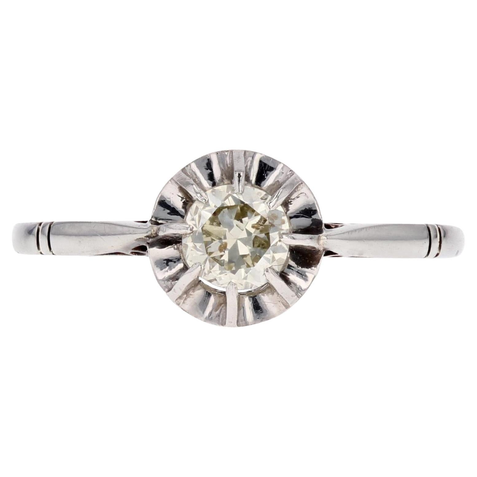 French 1930s Champagne Diamond 18 Karat White Gold Platinum Solitaire Ring